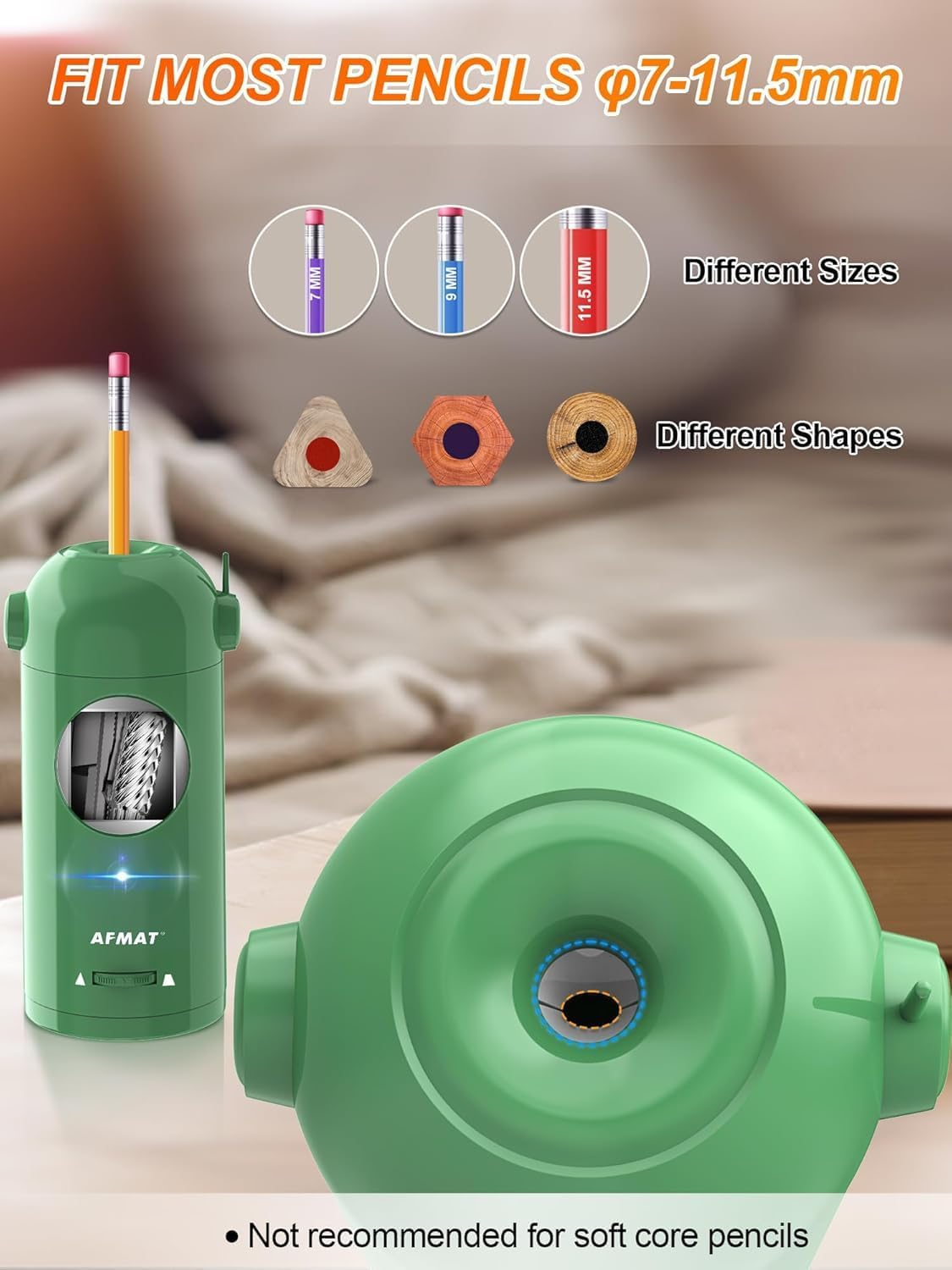 AFMAT Electric Pencil Sharpener, Fully Automatic Rechargeable Pencil Sharpener for 7-11.5Mm Pencils, Auto in & Out, Hands-Free Robot Pencil Sharpener for Home, Classroom, Battery Operated, Green