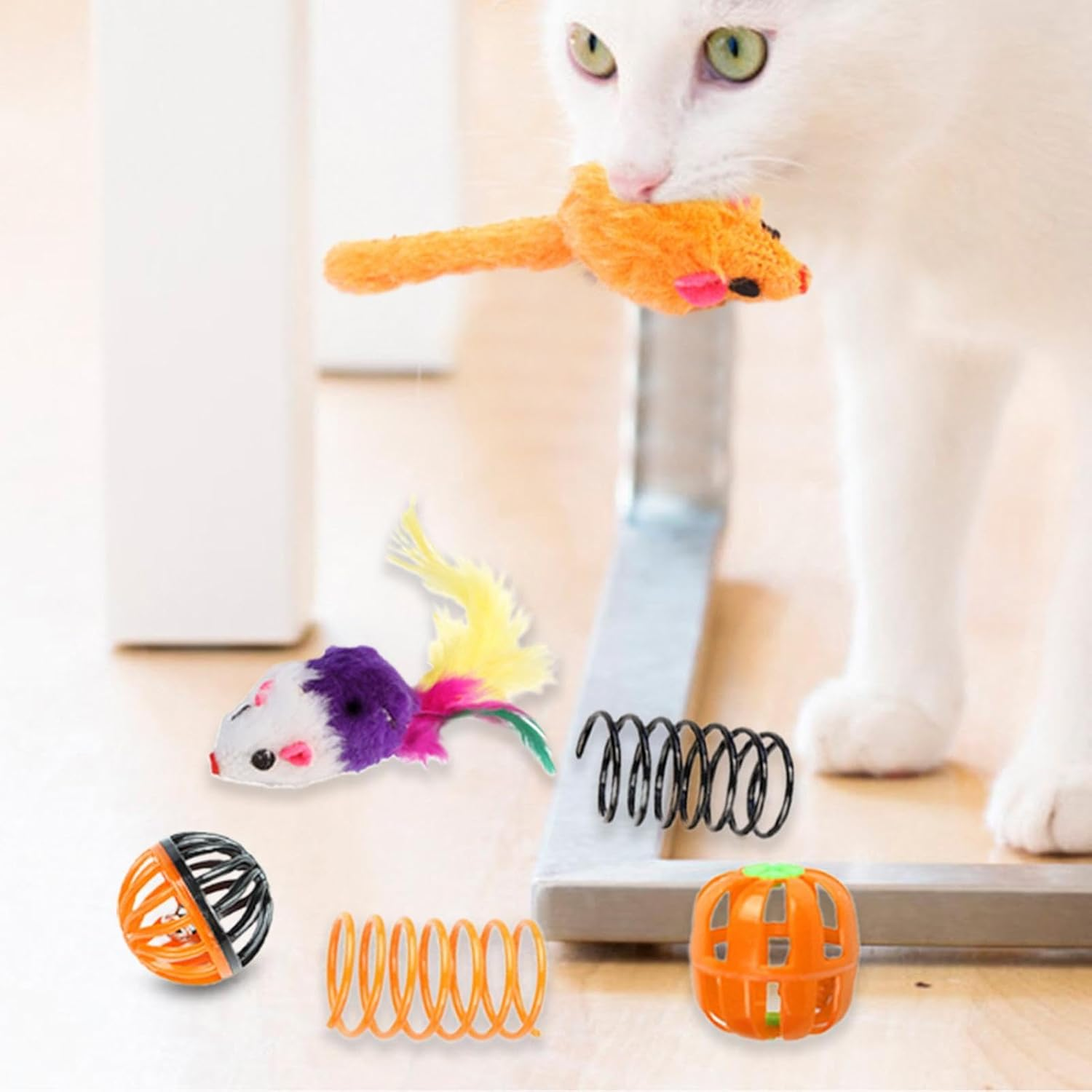 Indoor Cat Toys, Cute Interactive Cat Tunnel, Interactive Feather Ball Spring Toys Cat Cube, Halloween Folding Square Tunnel for Cats and Kitty - 16Pcs image number 6