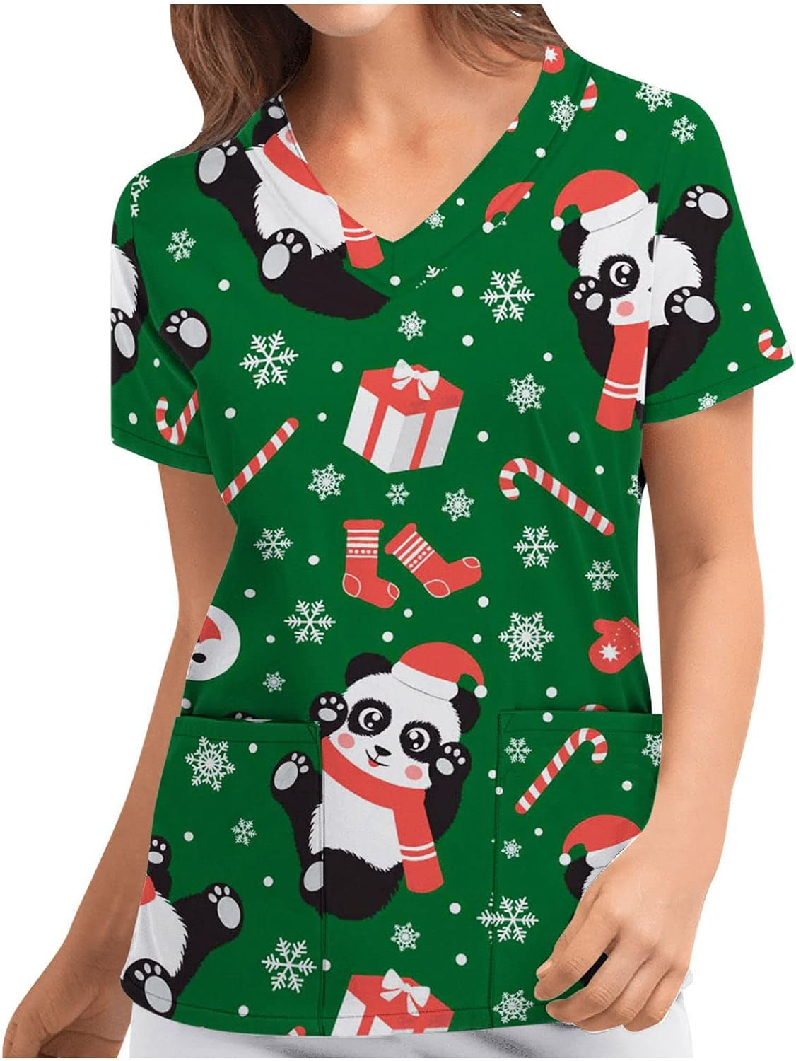 Women'S Christmas V-Neck Short Sleeve Nursing Uniform Xmas Santa Gifts Printed Workwear Holiday Graphic Tees Blouse Scrubs Tops with Pockets