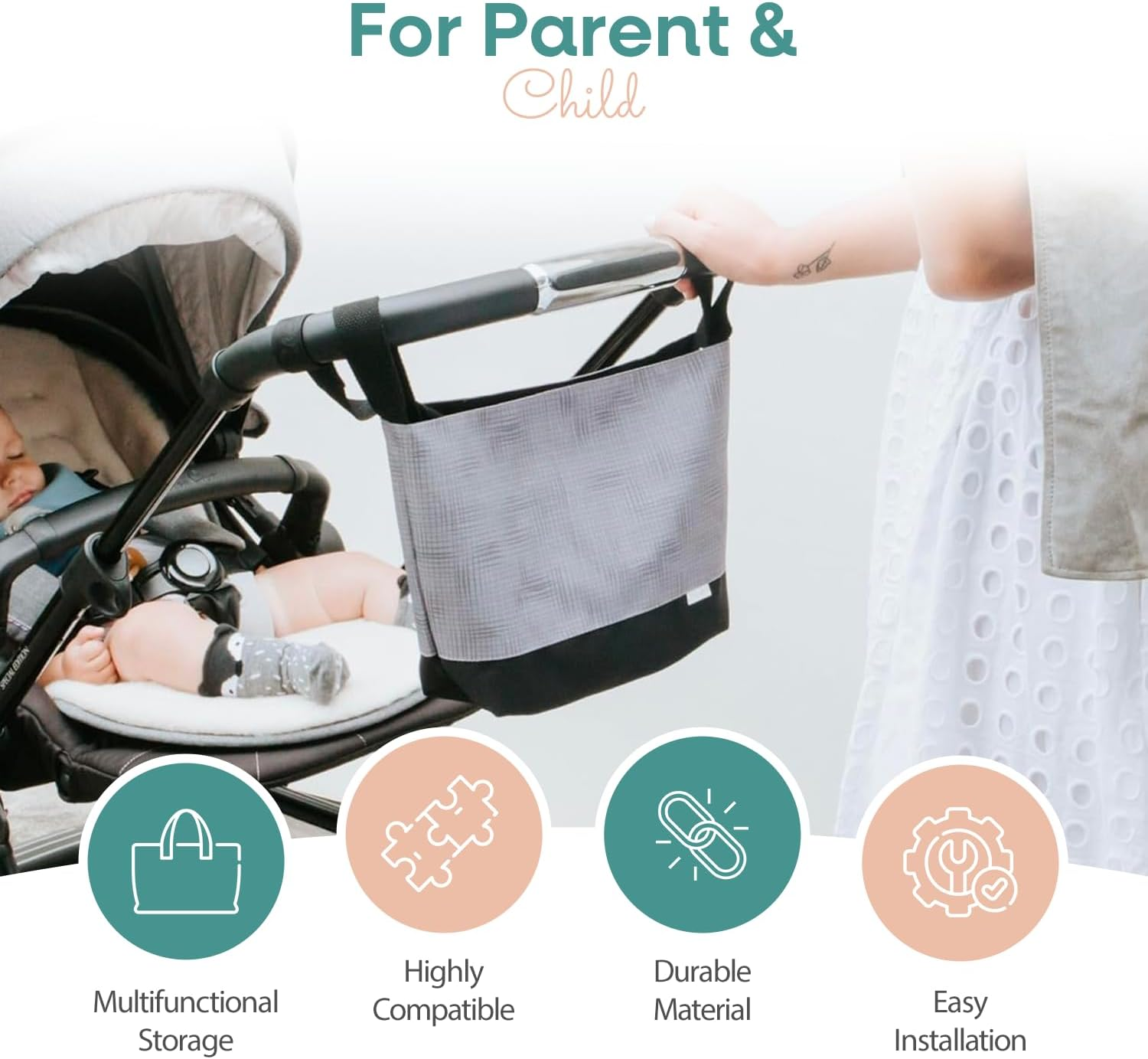 Nappy Caddy Stroller Organiser - Universal Pram Caddy Bag for Mummy - Snuggly Fit to Most Strollers W/Shoulder Strap, Adjustable Strap, and Handy Reusable Wet Pouch, Grid Lock Grey - by Zoe Sage - Zebra Crossing image number 4