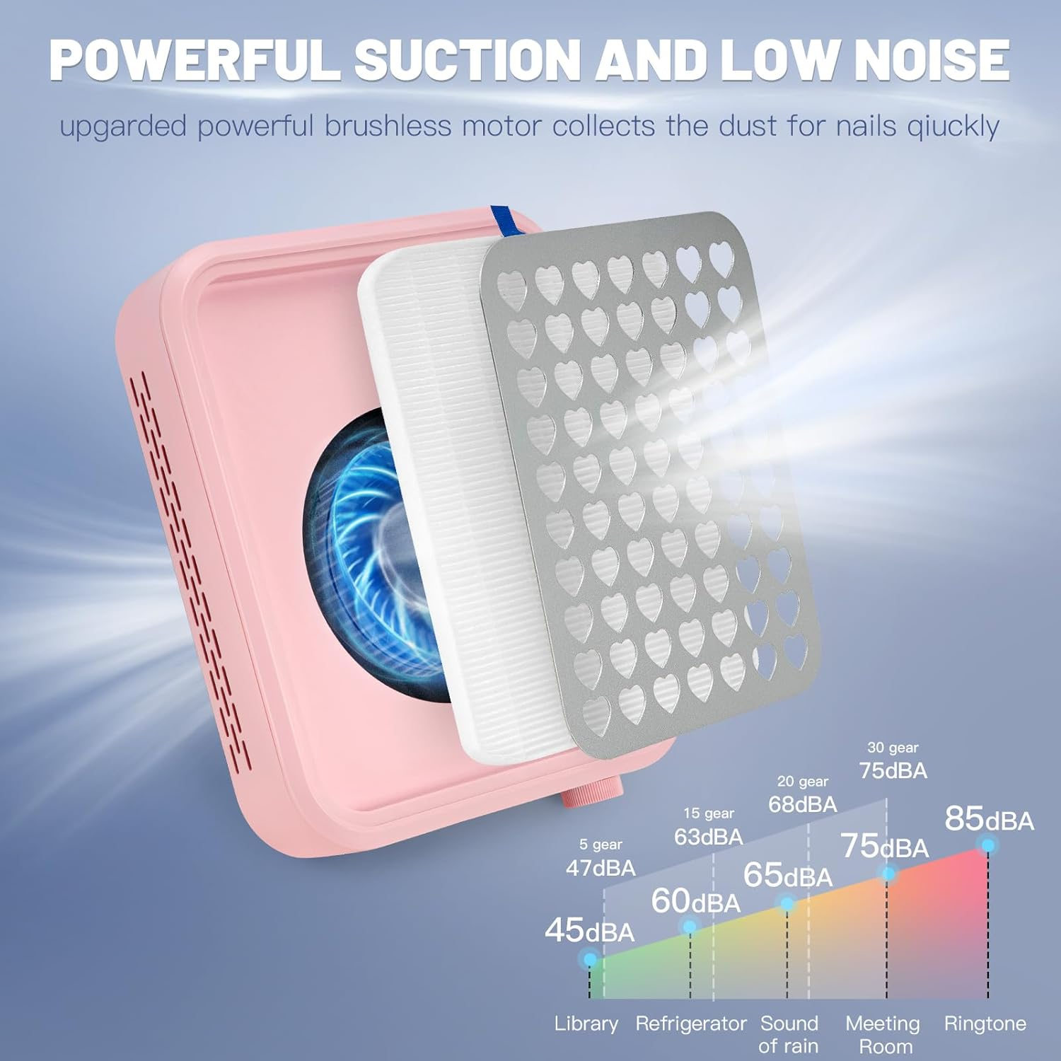 Madenia Rechargeable Nail Dust Collector: 56W Professional and Powerful Nail Vacuum Cleaner with 30000RPM Adjustable Speed - Quiet Nail Vacuum Extractor for Nail Studio & Home (Pink) - Pink image number 3