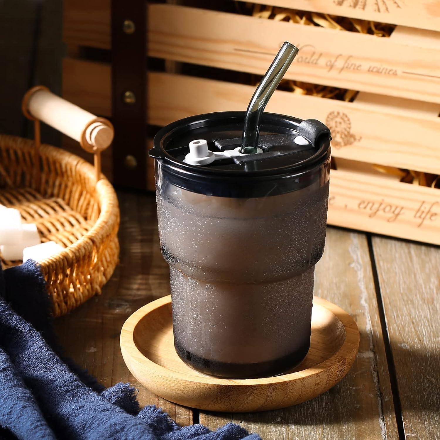 13 OZ/400ML Ice Coffee Glass Tumbler with Straw and Lid Sealed Carry On, Thick Wall Water Glass Cup Mug Tea （Gray） - Black image number 3