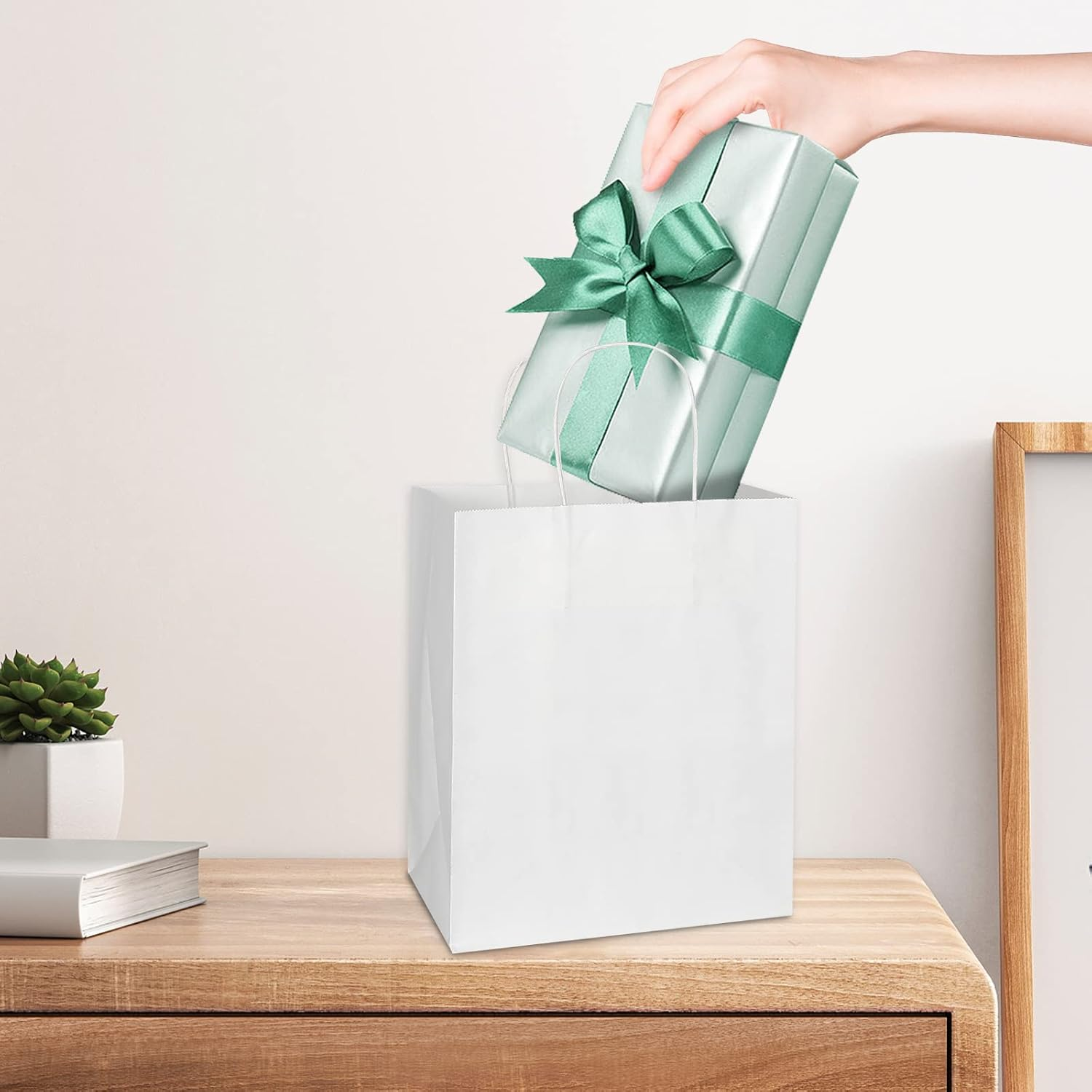 Toovip 100 Pack 8X4.75X10 Inch Medium White Kraft Paper Bags with Handles Bulk, Gift Wrap Bags for Favors Grocery Retail Party Birthday Shopping Business Goody Craft Merchandise Take Out Bags Sacks - Black image number 6