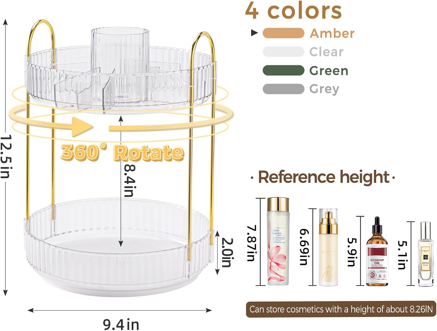 360&deg; Rotating Makeup Organizer, Upgraded 2 Tier Skincare Perfume Organizers for Women, Bathroom Organizer Countertop, Clear Cosmetic Dresser Organizer with Makeup Brush Holder, Sink&Counte (Clear) image number 7