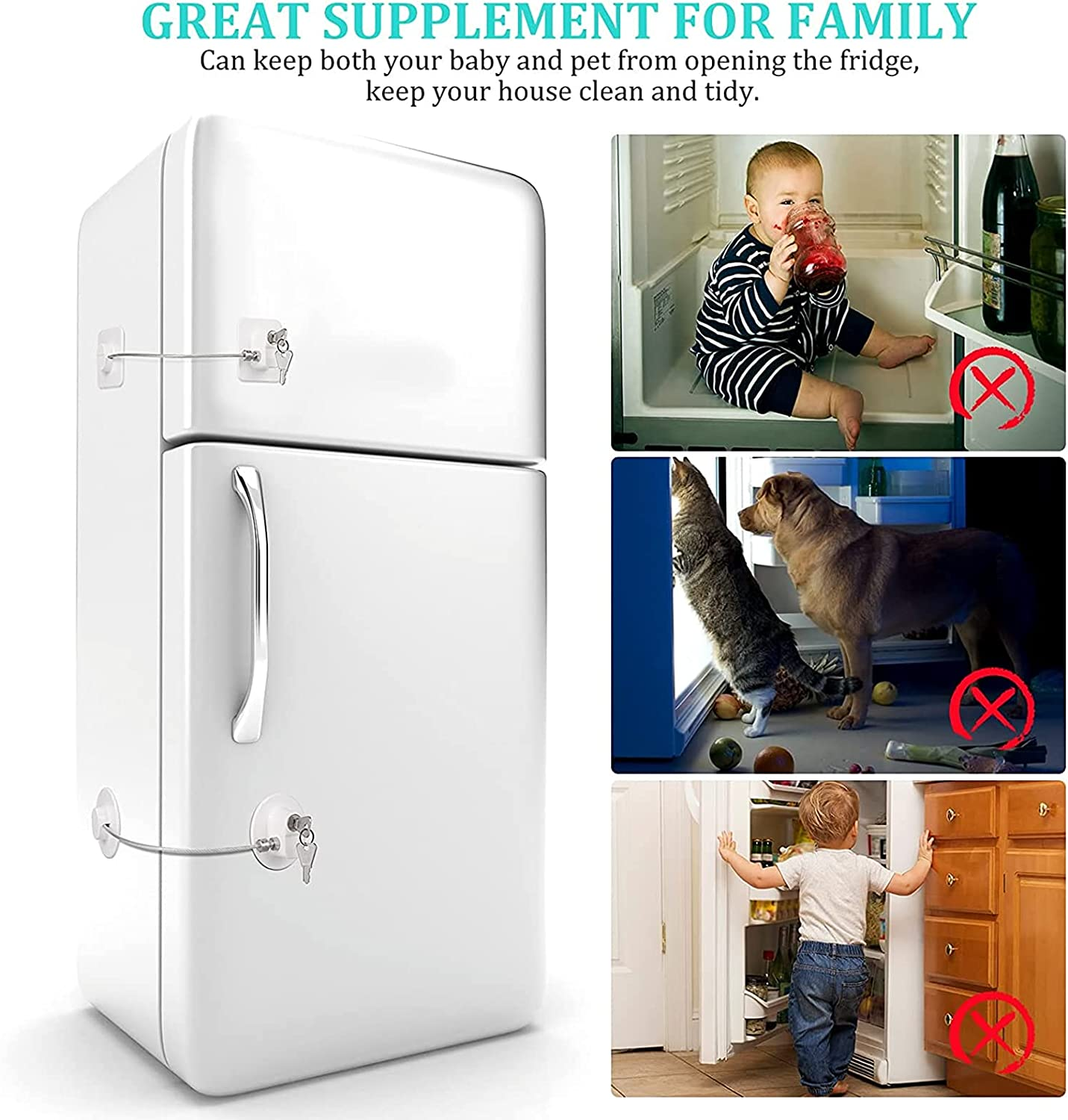 2Pcs Refrigerator Door Locks with 2 Keys Stainless Steel Zinc Alloy Strong Adhesive Lock Protect Baby Kids Safe for Windows Kitchen Cabinets Cupboard Refrigerator Drawer (White)