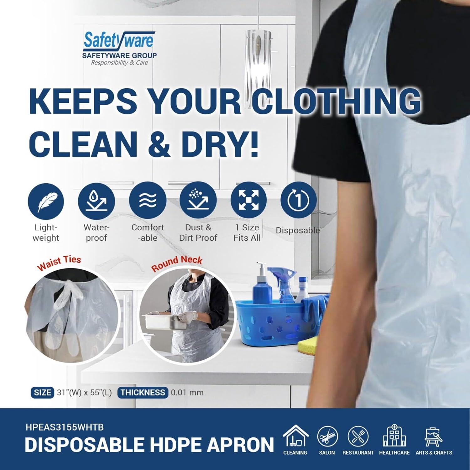 300X Safetyware HDPE Durable Plastic Cover Waterproof Disposable Aprons Gown White Bulk Pack image number 2