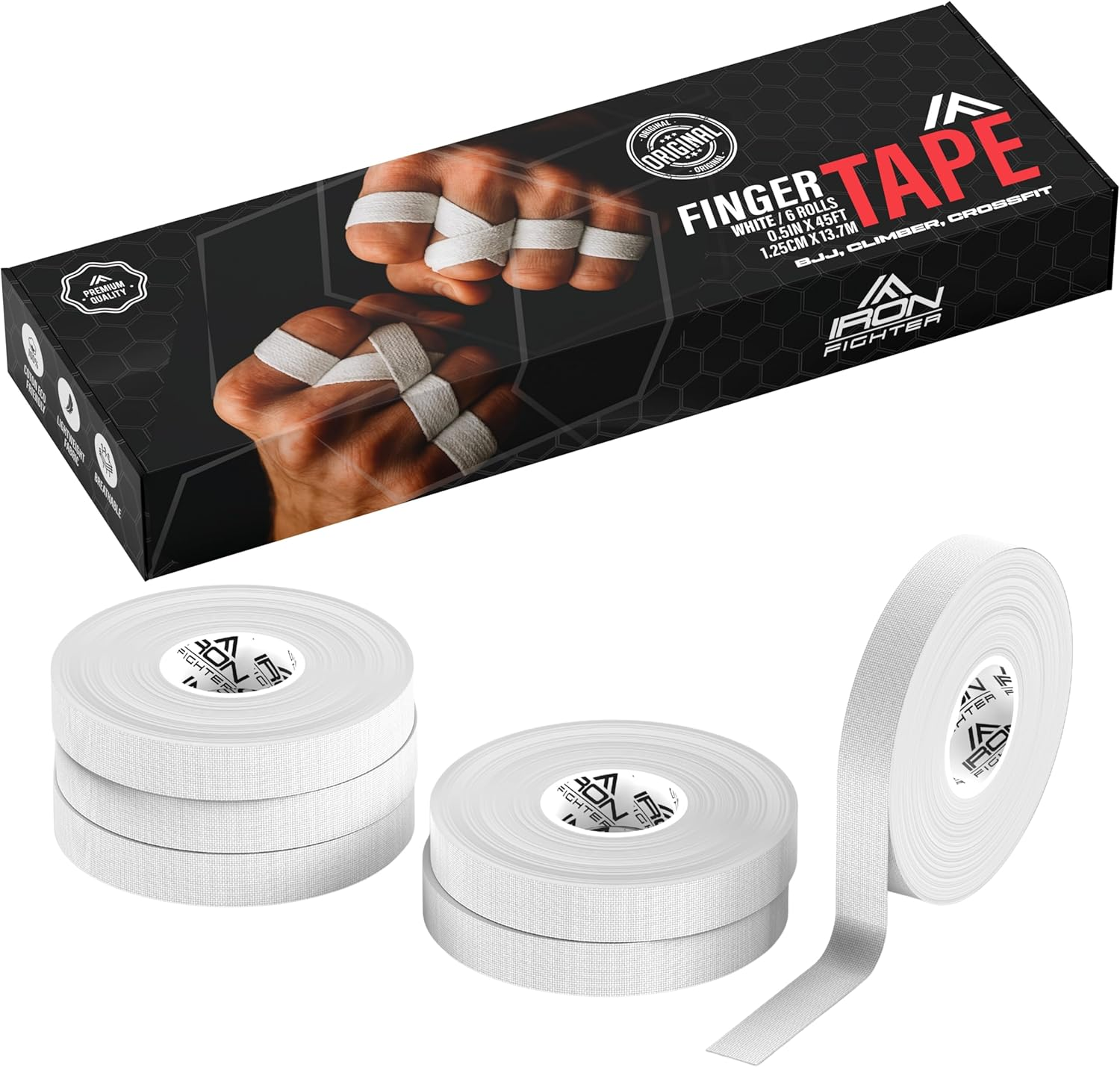 5X Rolls of Athletic Finger Tape Sports 0,8CM/0.3IN X 13,7M/45FT - BJJ Brazilian Jiu Jitsu - Rock Tape for Climbing - Crossfit - Judo - Volleyball - White Sports Tapes Strapping