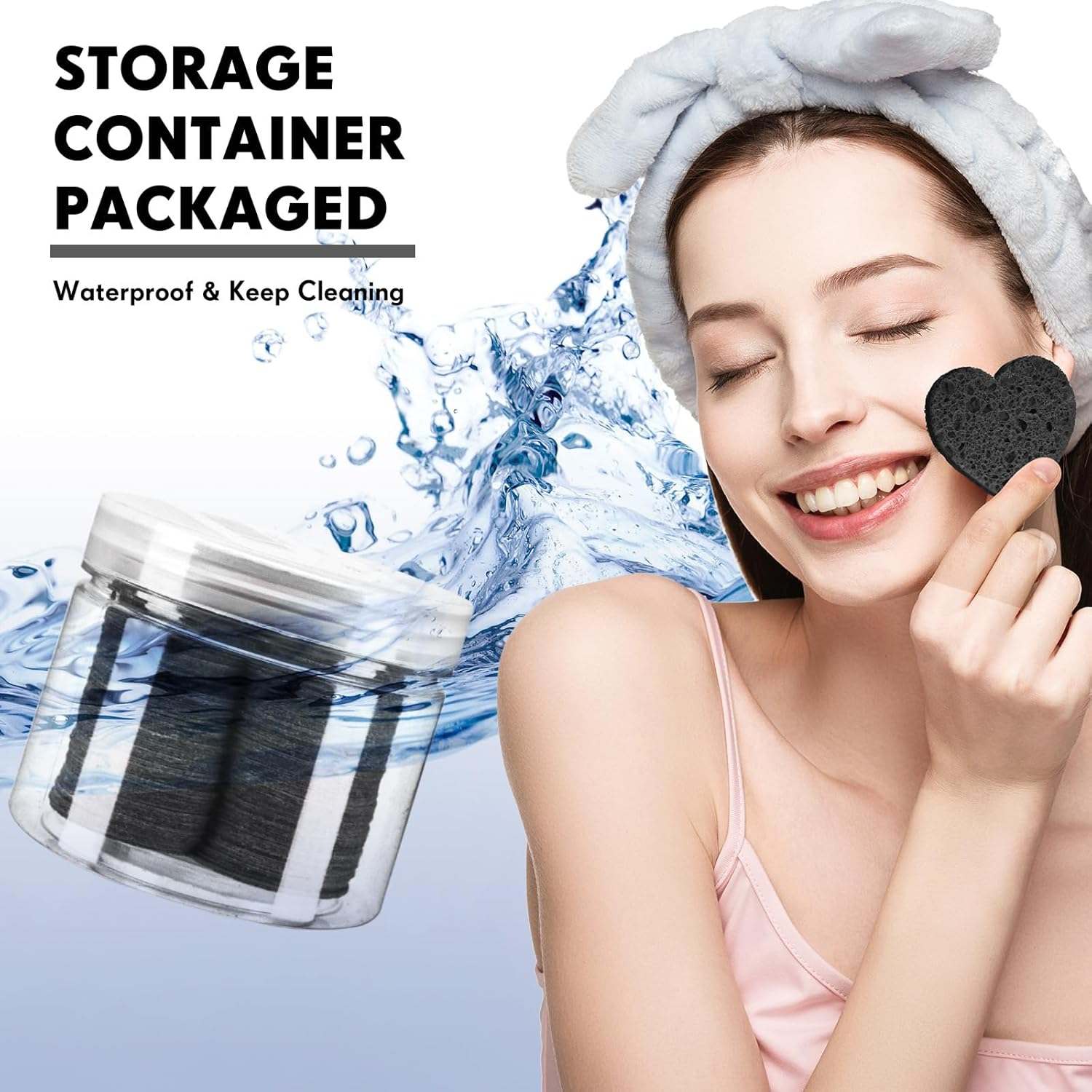 Nuenen 60 Pieces Facial Sponges with Container, Heart Shape Compressed Face Sponges Natural Cleaning Pads for Washing Face Cleaning Exfoliating Esthetician Makeup Removal(Black) - Black image number 5