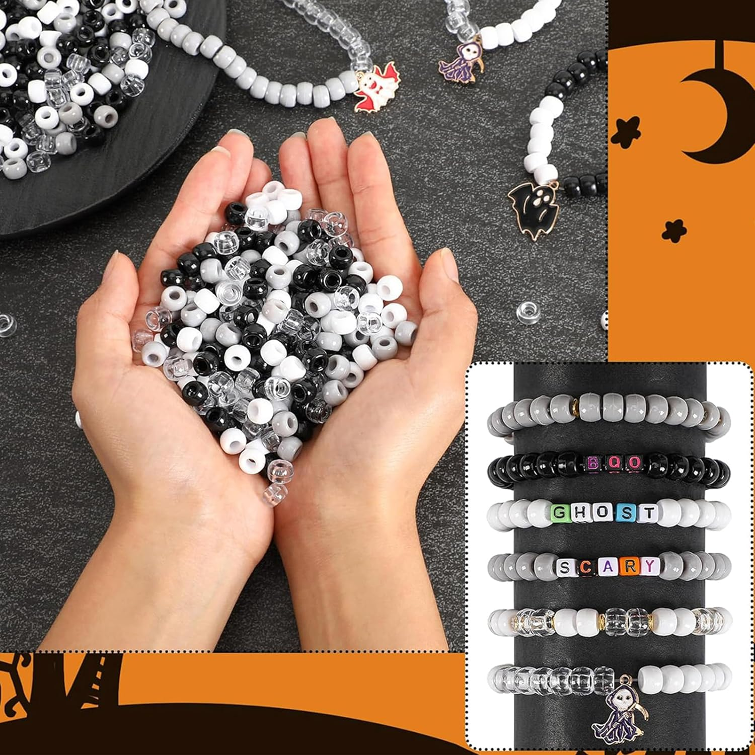 1200Pcs Pony Beads Bulk,9Mm Plastic Beads Jewellery Making Supplies,4 Styles Neutral Pony Beads for Bracelet Making Kit,Hair Beads for Braids,For Jewellery Making DIY Crafts image number 4