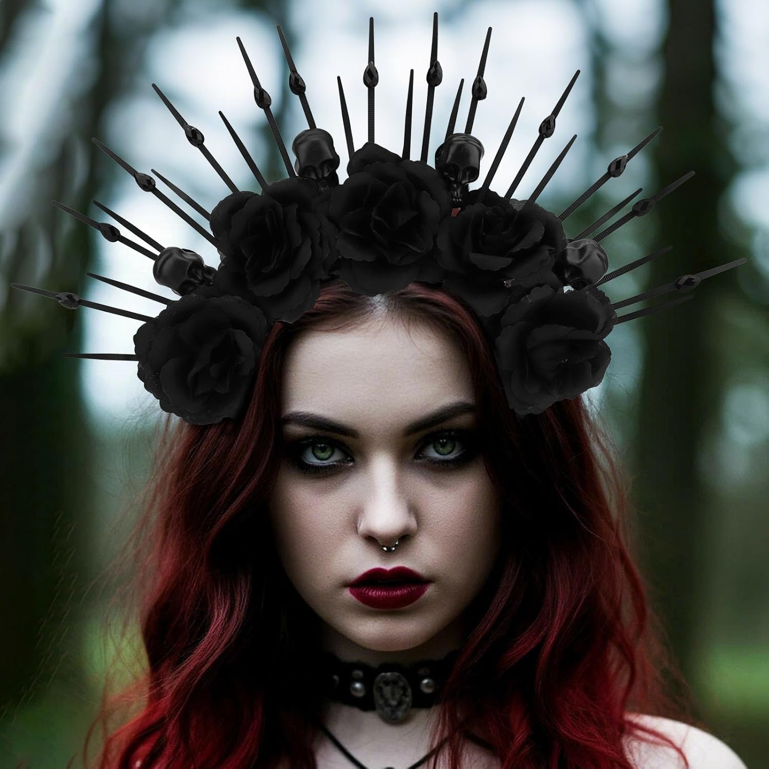 Vovii Black Halo Headband for Women Hair Accessory Halloween Costume, Gothic Rose Flower Crown Goddess Headpiece with Skull for Dark Day of the Dead Outfit image number 4