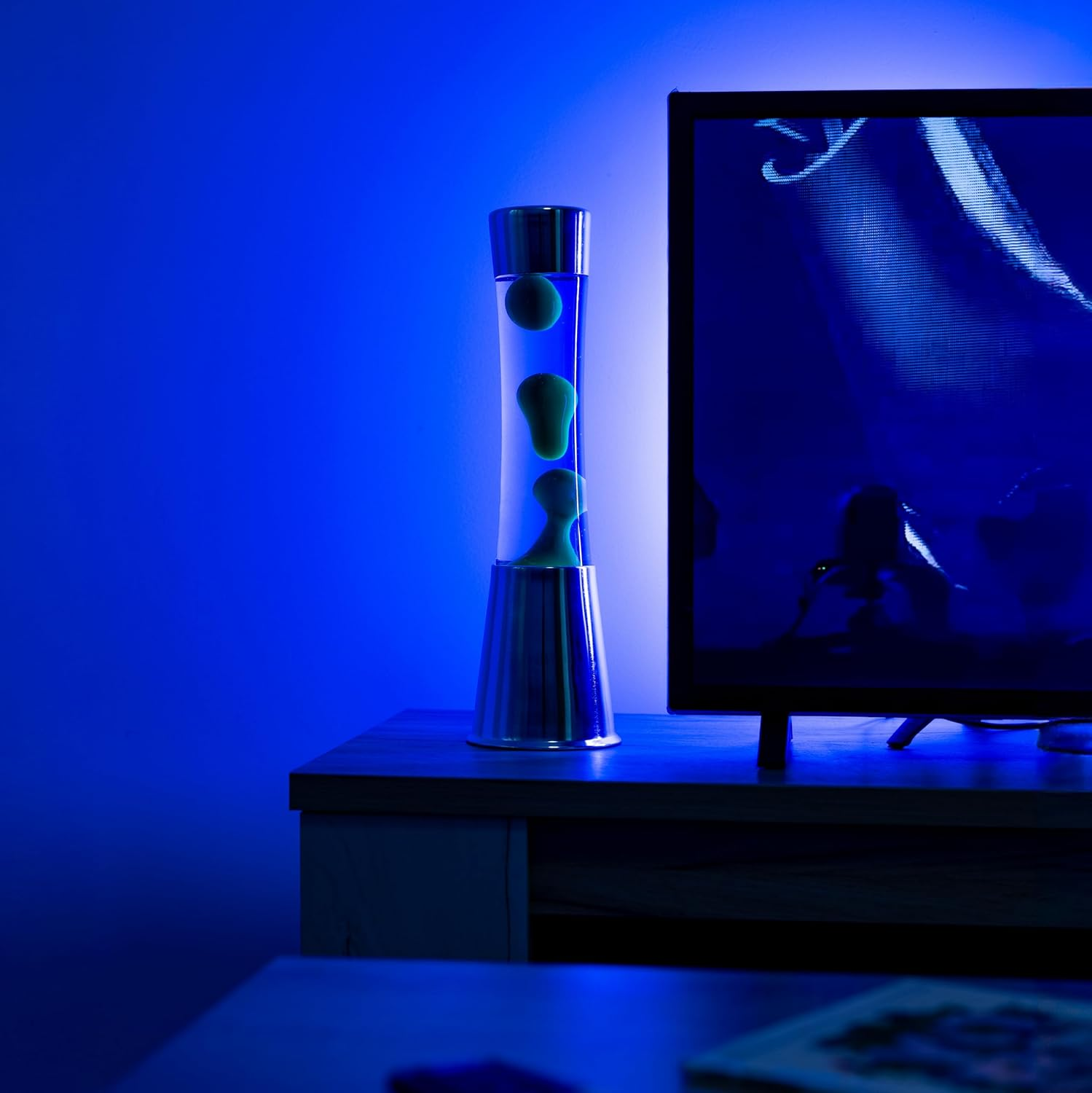 Fisura Lava Lamp with Chrome Base, Blue Liquid and Green Lava, Relaxing Effect, with Spare Bulb Included, Dimensions 11 Cm X 11 Cm X 39.5 Cm