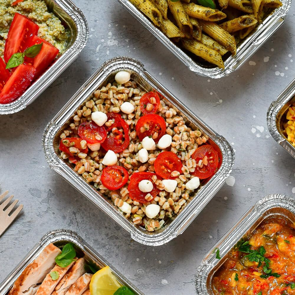 Olymajy Foil Food Containers with Lids, 25PCS 670Ml Foil Trays, Large Aluminium Foil Trays with Transparent Lid, Aluminium Foil Food Containers for Baking, Roasting, Cooking