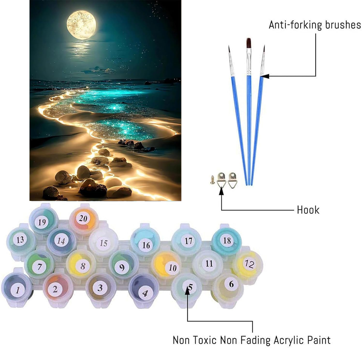 Paint by Numbers for Adults, DIY Paint by Numbers Acrylic Paint Canvas Colorful Flowers Painting Kits Art the Beach at Night 16X20 Inch image number 3