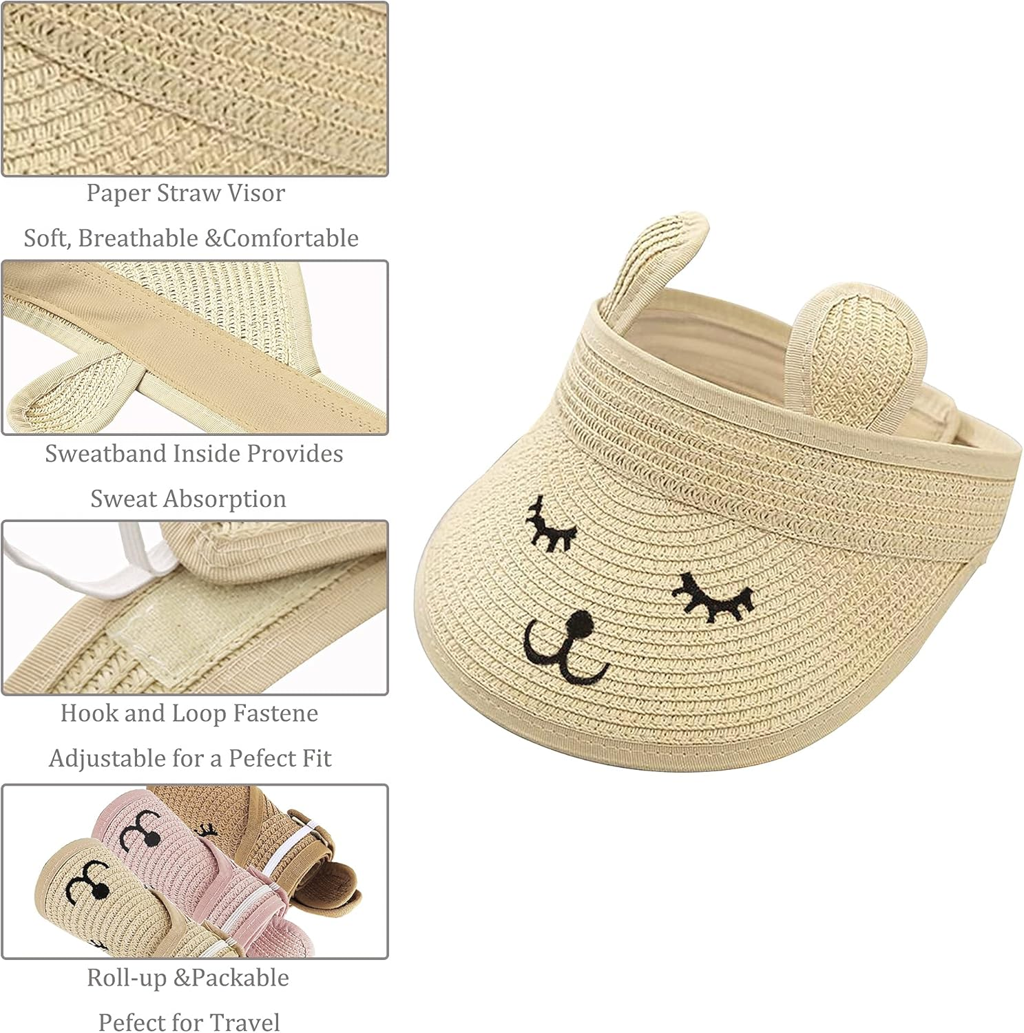 Baby Roll-Up Straw Visor Hat Sun Hat, Kid Toddler Wide Brim Cute Bunny Ponytail Summer Beach Sun Hat Adjustable for 1-4 Years image number 4
