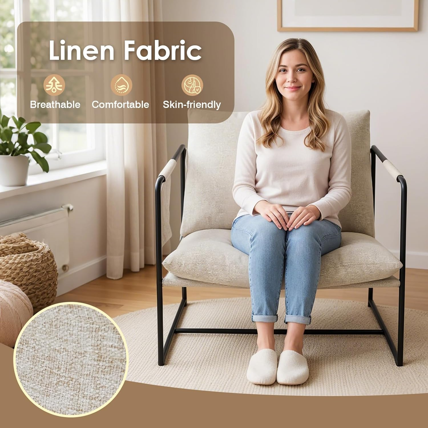 Advwin Sling Accent Chair, Linen Lounge Chair Armchair with 2 Upholstered Cushions, Modern Comfy Living Room Chair with Metal Frame and Side Pocket Beige - Beige image number 3