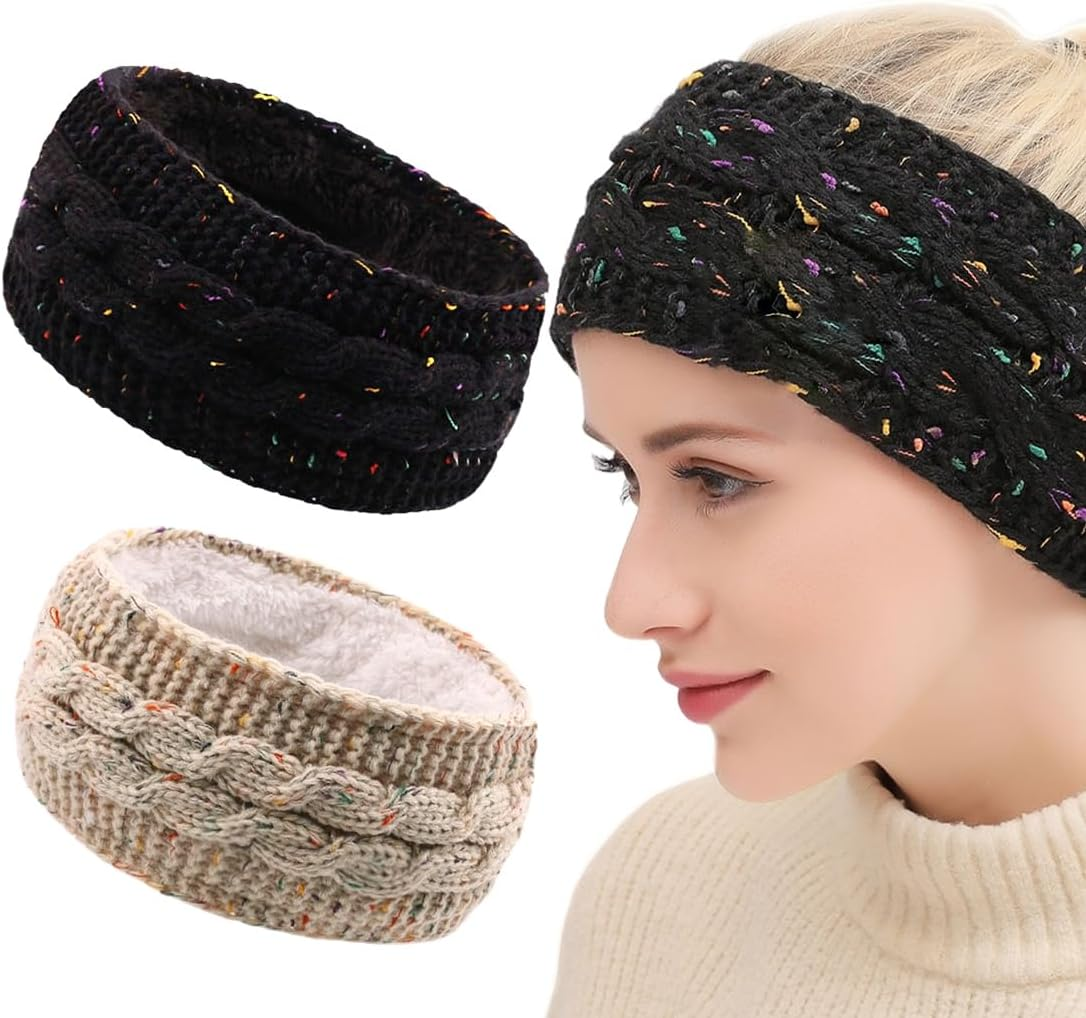 Women'S Winter Headband, Knitted Hair Bands, Winter Crochet Head Wrap, Women'S Winter Headband, Elastic Hair Band, Black, Beige, Pack of 2 image number 5