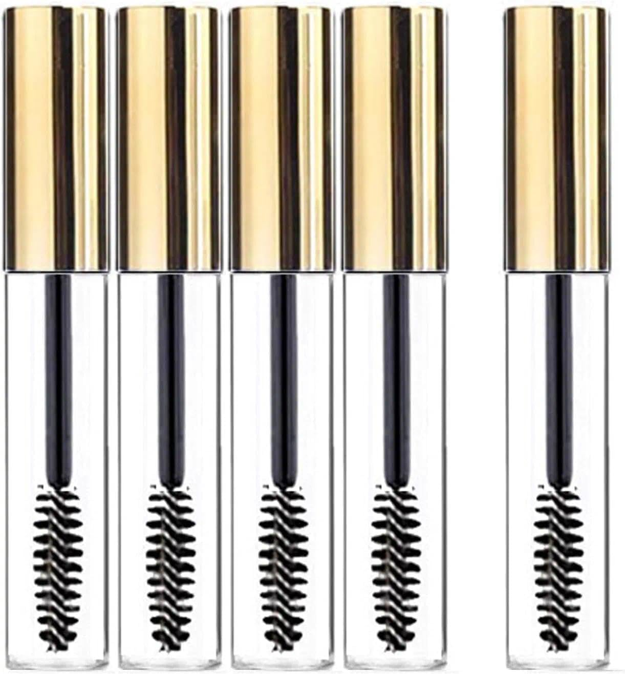 5 Pack Empty Mascara Tube and Wand Set（10 Ml）, Gold Color, Refillable Cosmetic Containers, Eyelash Brush and Spoolie for Castor Oil, Compatible with Popular Models - Fengea image number 2