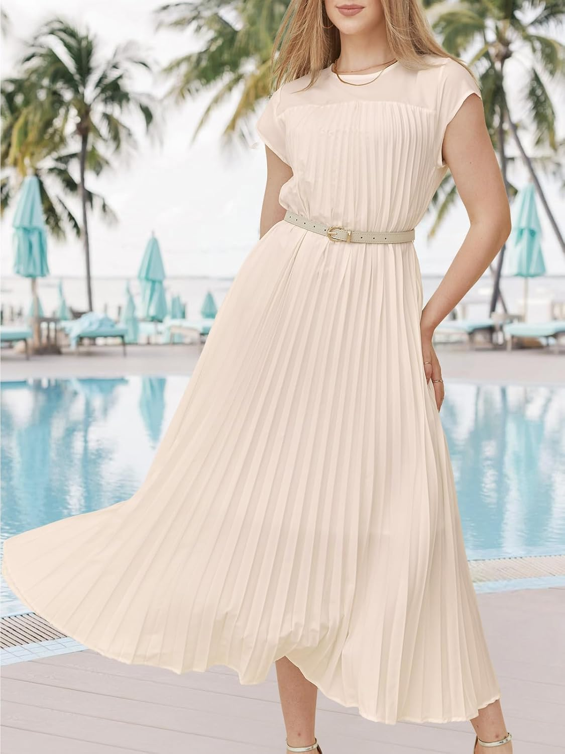 Women'S Church Pleated Maxi Dress 2025 Summer Cap Sleeve Maternity Modest Flowy Dresses with Pockets image number 3