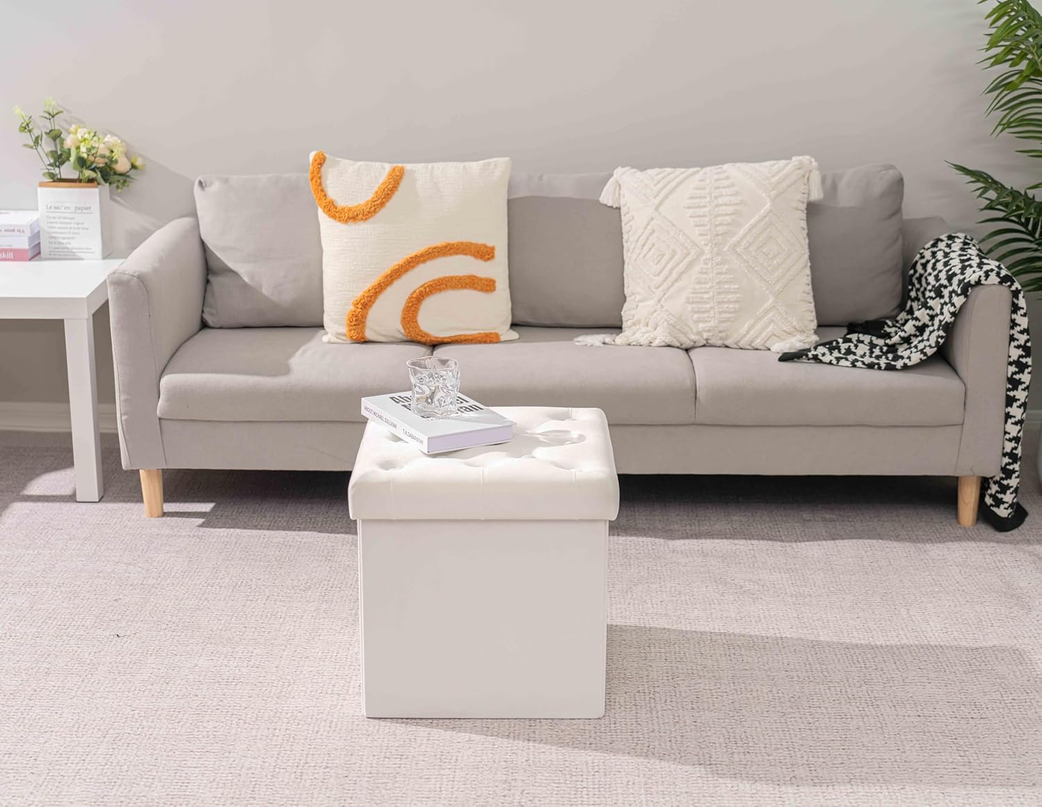 PINPLUS Storage Ottoman Foot Rest Stool, 15.75 Inches Velvet Sherpa Folding Storage Bench Cube Foot Rest Ottoman White Color