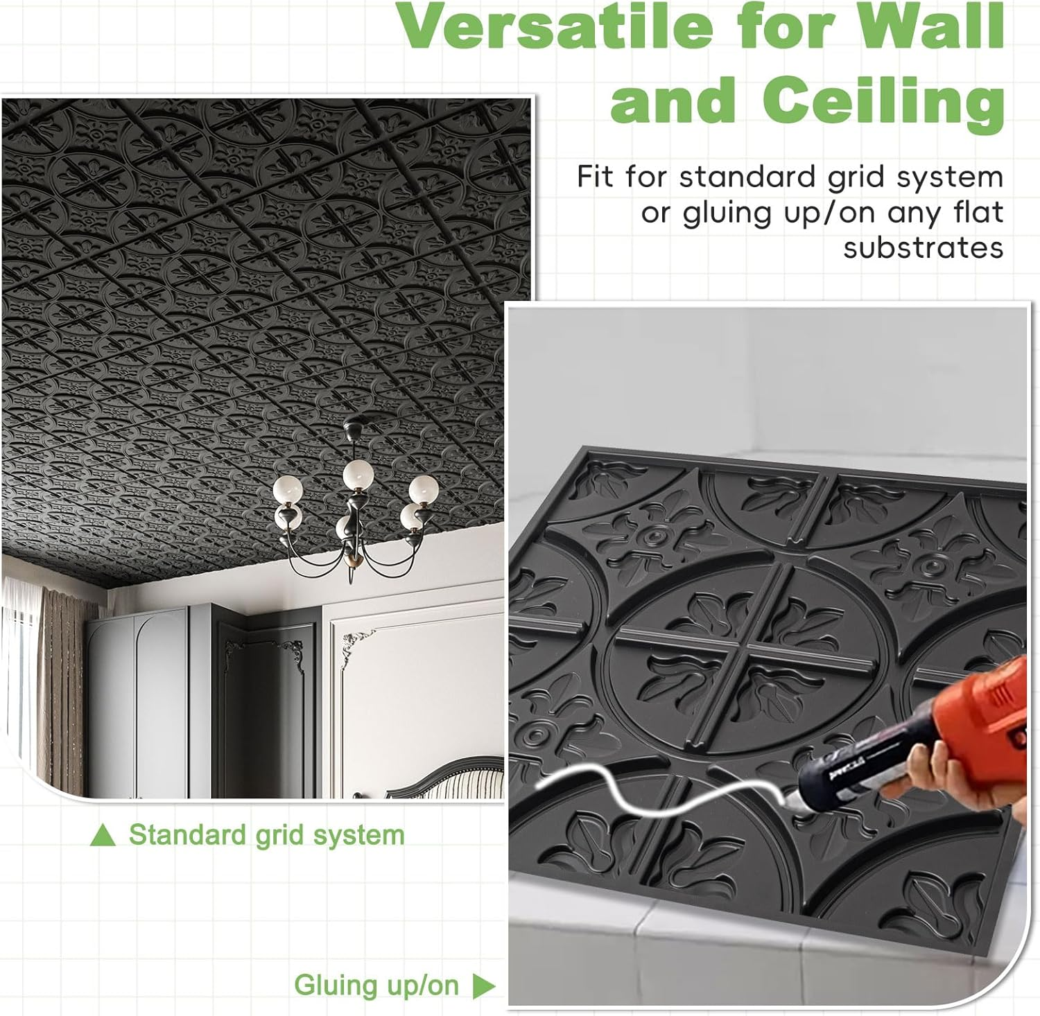 Art3D PVC Drop Ceiling Tiles, Easy Glue-Up Panels for Ceilng, Wall Decoration, 60X60 CM, 12 Pcs, Black image number 4