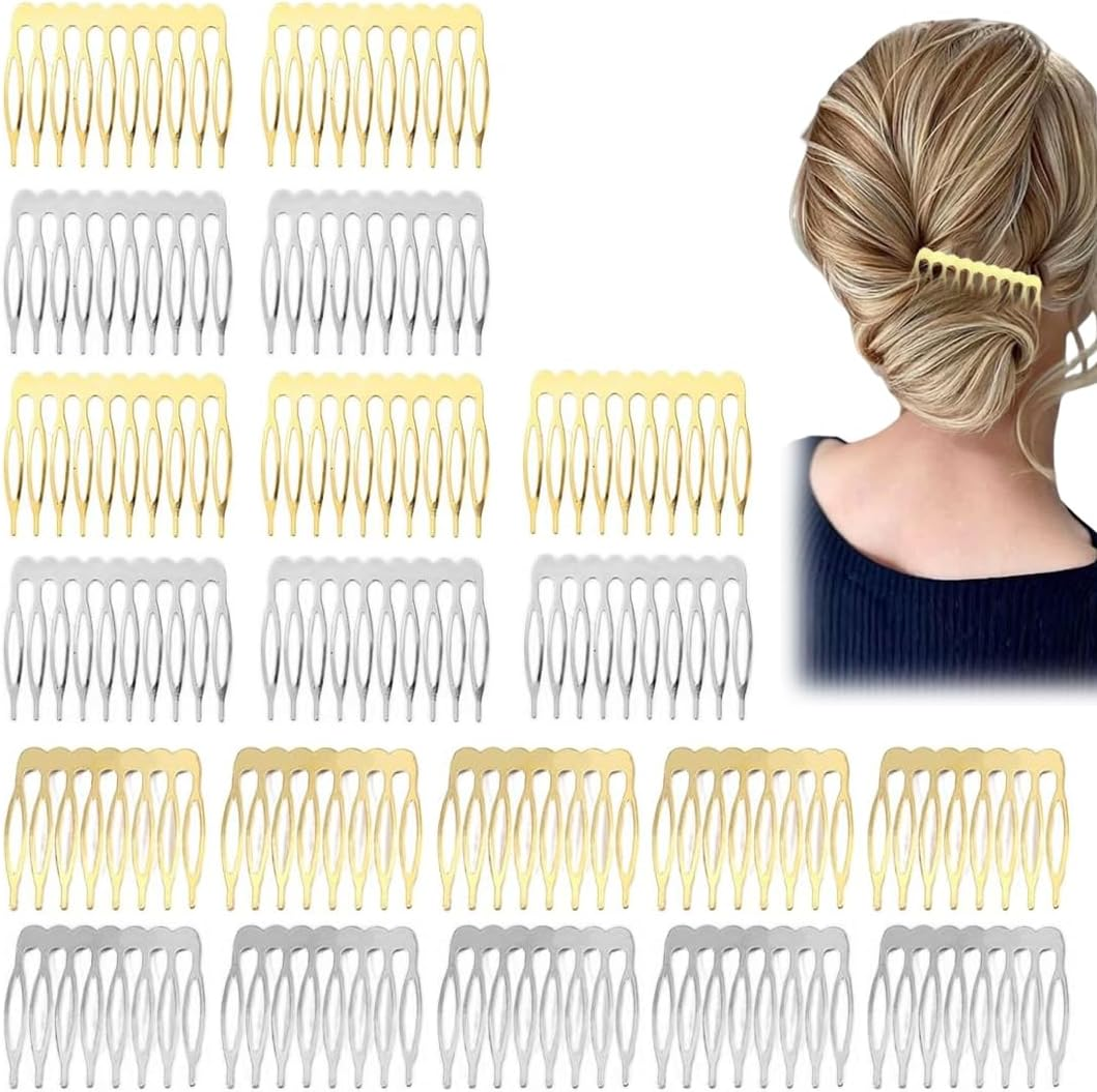 20 Metal Side Combs (10 & 8 Teeth) for Veil Combs French Hair Combs with Teeth for Women with Silver Gold Bun Clip