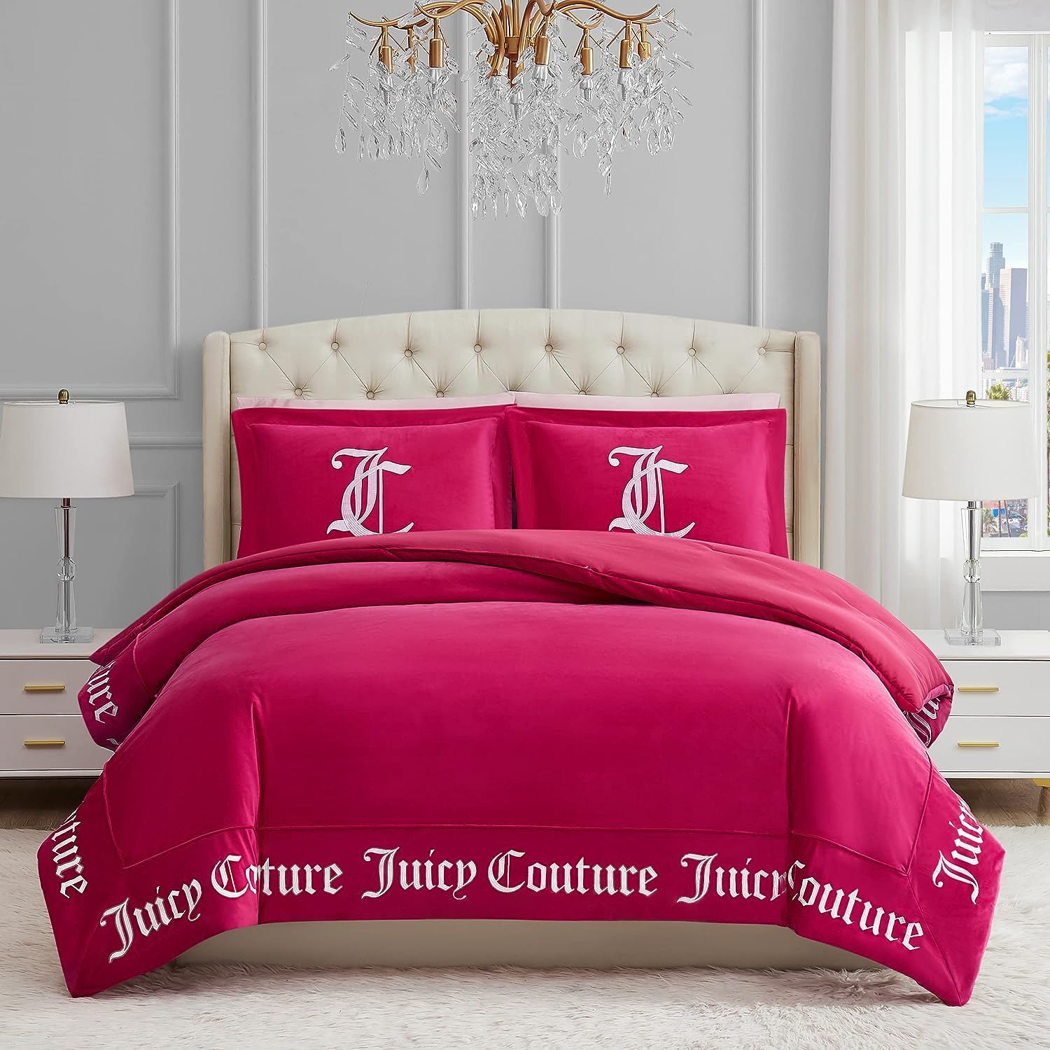 Juicy Couture - Comforter Set - Gothic Design Bedding - Queen - 3 Piece Set Includes (1) 90" X 92" Comforter and (2) 20" X 26" Shams - Wrinkle Resistant - Premium Bedroom Decor - Hot Pink image number 5