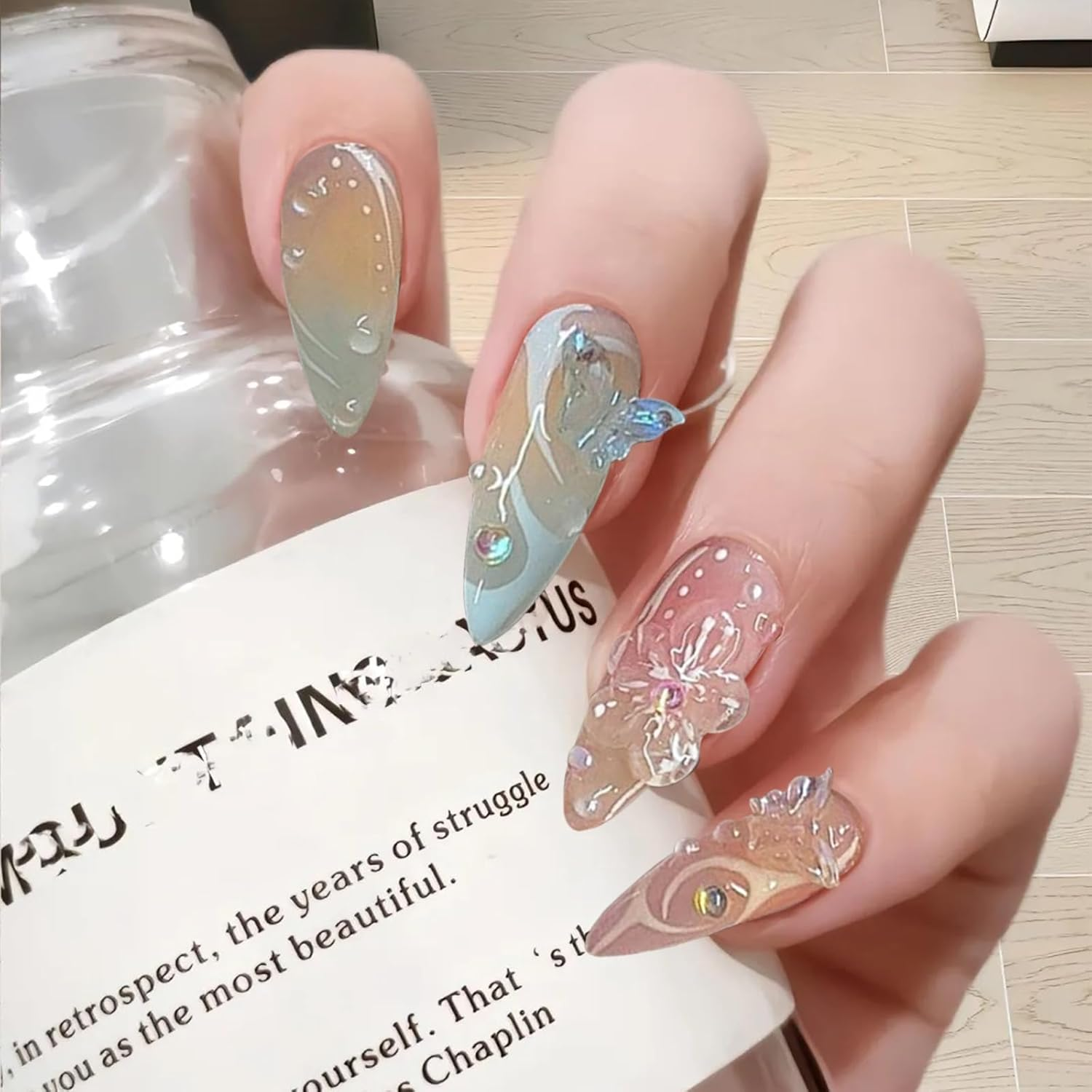 TELAIN Frencho 3D Flowers Press on Nails French Artificial Nails, Fake Nails, Artificial Nails for Sticking, Adhesive Nails, Press Ons, False Nails Set for Sticking, Frencho, Pack of 24 image number 5