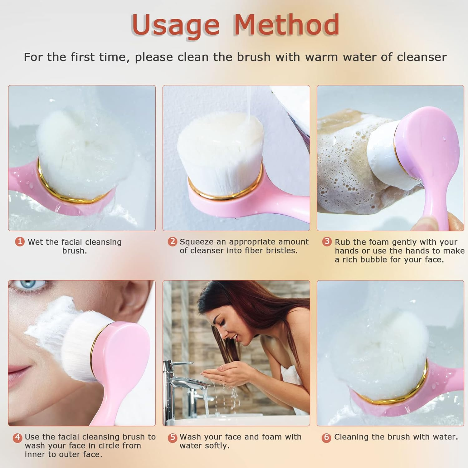 Beomeen 2 Pack Soft Bristle Facial Cleansing Brush for Deep Pore Cleaning, Face Exfoliating Scrub Brush for Face Cleansing Skincare Massaging - Pink And Off White image number 4