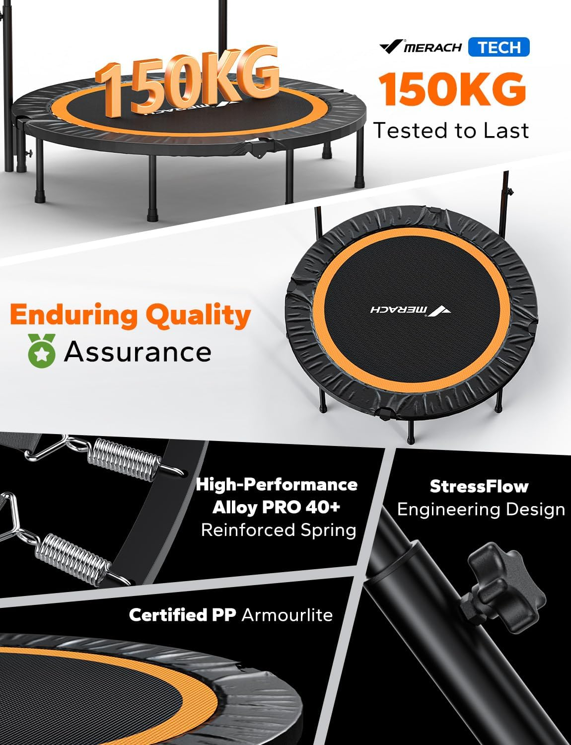 MERACH 48" Rebounder Mini Trampoline Adult, Fitness Trampolines Max Load 100KG with Adjustable Handle, Suitable Rebounder for Adults and Rebounder Trampoline for Kids Toddler Indoor/Outdoor Workout image number 5