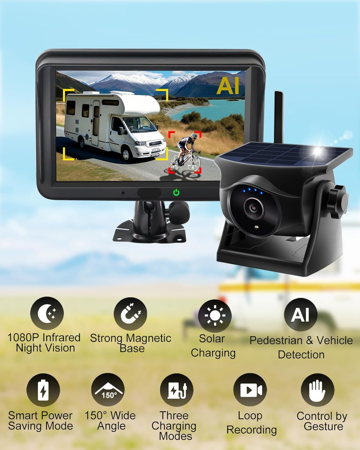 Magnetic Solar Wireless Reverse Camera: AI Pedestrian & Vehicle Detection, 1-Min Install, No Wiring/Drilling,Gesture Control,Rechargeable Battery, Night Vision, 5" 1080P Monitor for RV, Trailer, Truck image number 5