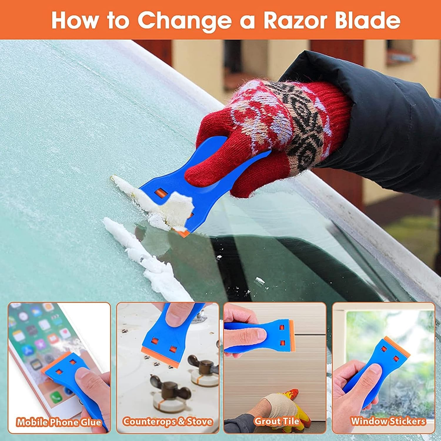 Double Edged Plastic Razor Blade Scrapers Knife Include 2PCS Scraper Tool and 100PCS Blades for Gasket Remover, Tint Vinyl Tool, Labels Decal and Adhesive Remover for Windows and Glass image number 2