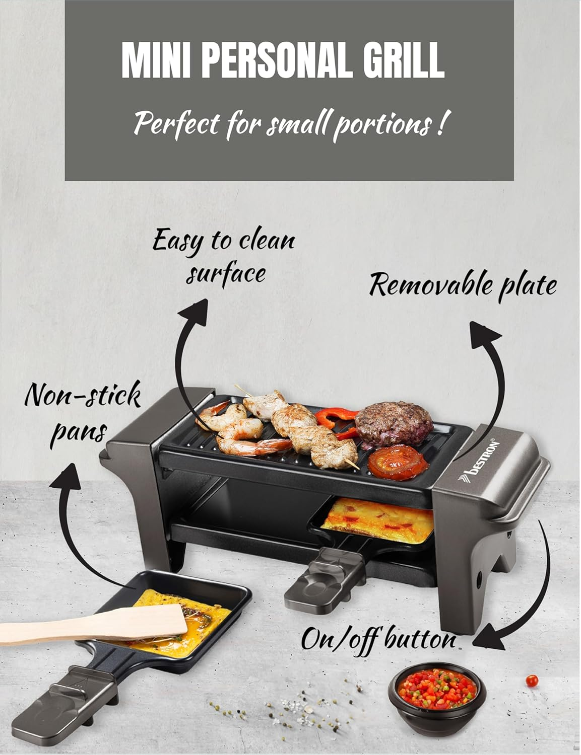 Bestron Raclette, Mini Grill for 1 to 2 People, with 2 Pans and 2 Spatulas, with Non-Stick Coating, 350 Watts, Colour: Grey - Black image number 5