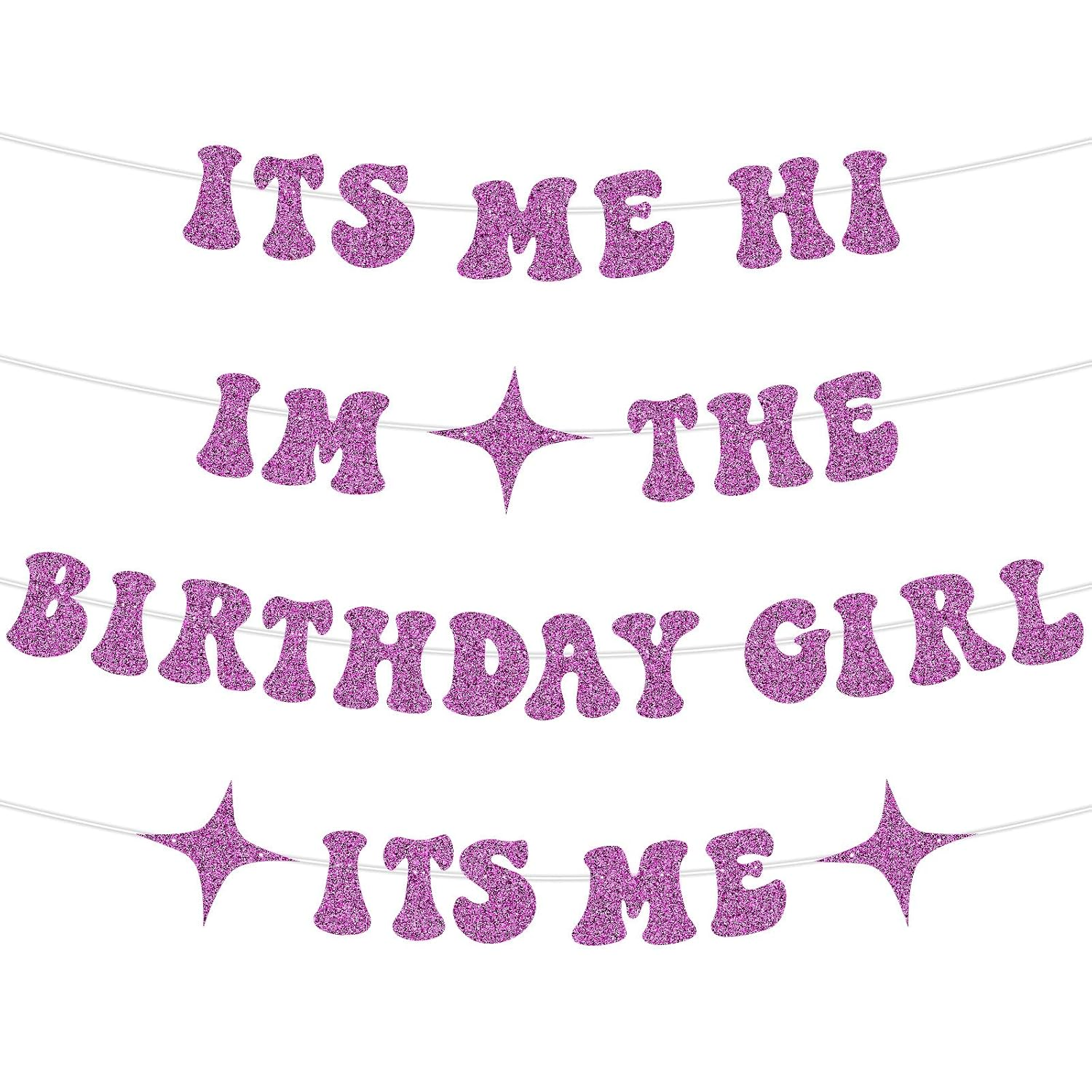 It'S Me Hi I'M the Birthday Girl It'S Me Banner, Shiny Birthday Hanging Garland Sign Girls Birthday Party Decoration Photo Backdrop for Wall Home Mantle (Hot Pink)