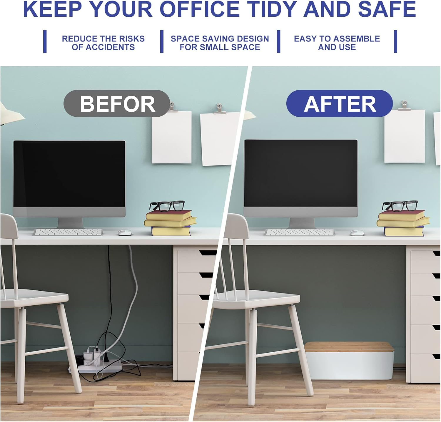 Cable Management Box - Wooden Style Large Cord Organizer Box to Hide Wires & Power Strips | Desk Computer Cable Organizer Box | Safe ABS Material |16" (L) X 6.2" (W) 5.3" (H)|For Home & Office - White image number 4