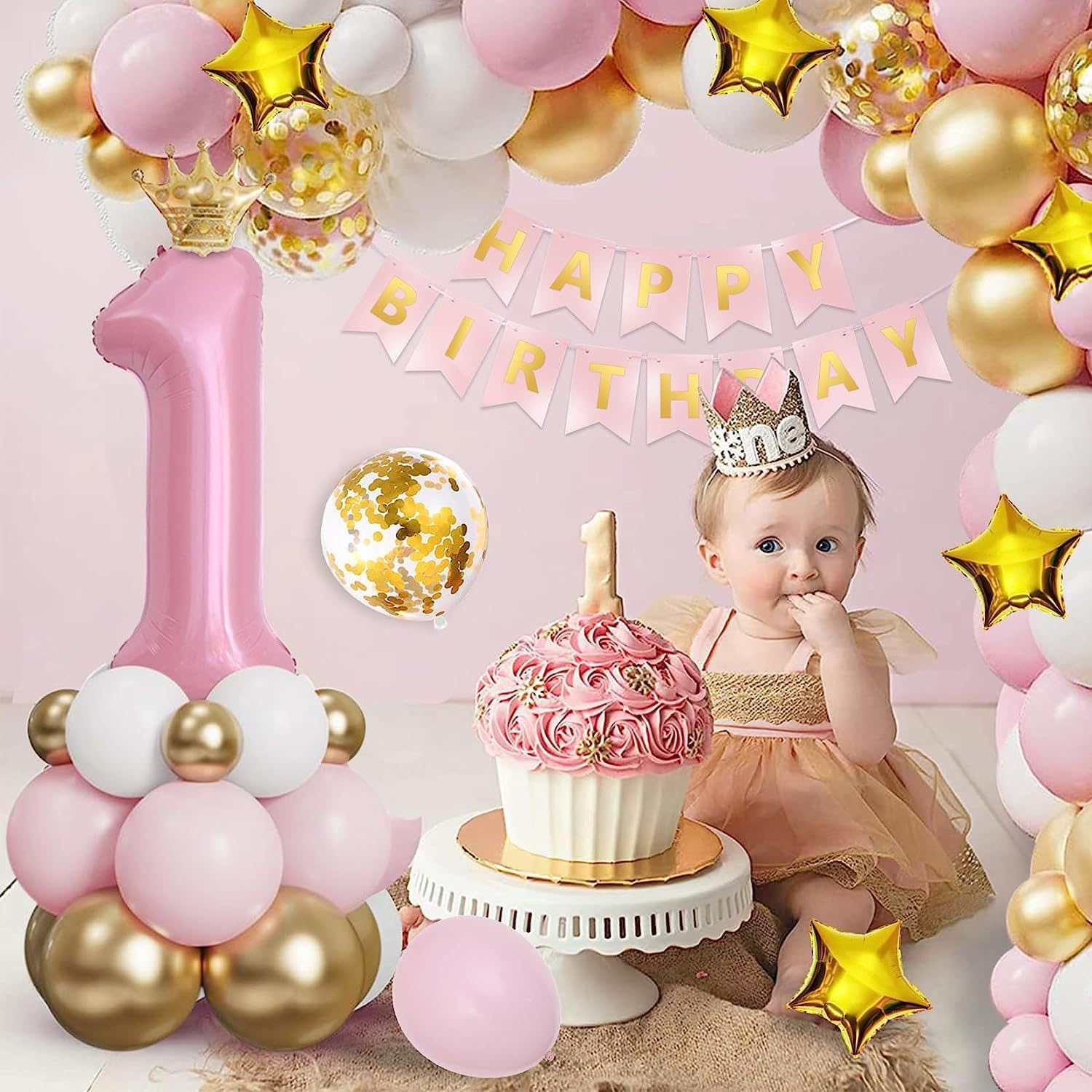 First Birthday Decorations Pink Balloon Arch Kit for Girl,Happy Birthday Banner Number 1 Balloon Garland Kit Party Decor image number 6