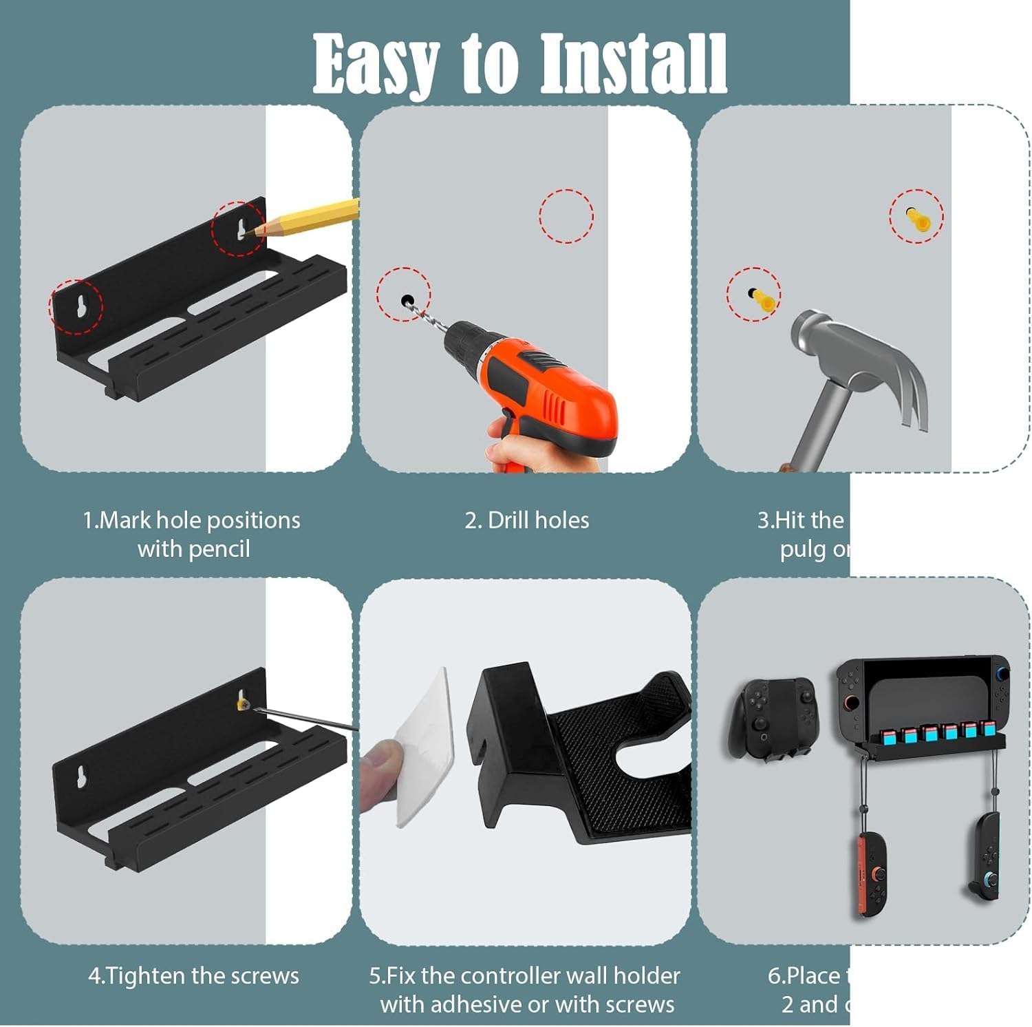 ZONEY Wall Mount Compatible with Nintendo Switch 2, Metal Switch 2 Wall Mount Kit with Controller Holder, 12 Game Card Holders and 2 Joy Con Brackets, Safely Store Switch 2 behind or near Tv,Black image number 1