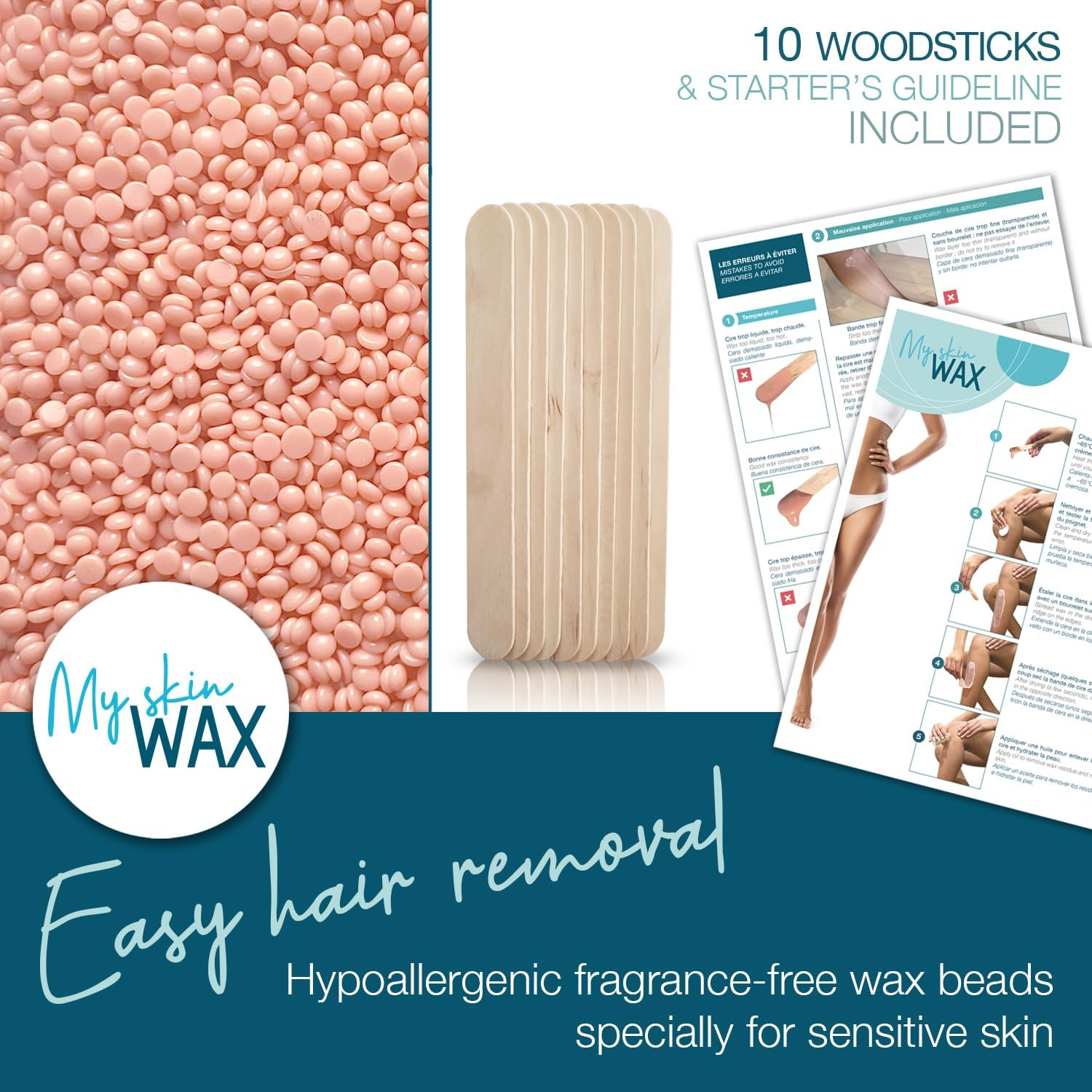 My Skin Wax - Hard Wax Beads, 400G, Hypoallergenic, Wax Beads for Sensitive Skin, Painless, Stripless Hair Removal Wax, Men, Women, Face Wax, Leg Wax, Bikini Wax, Brazilian, Eye Brow, Lip image number 4