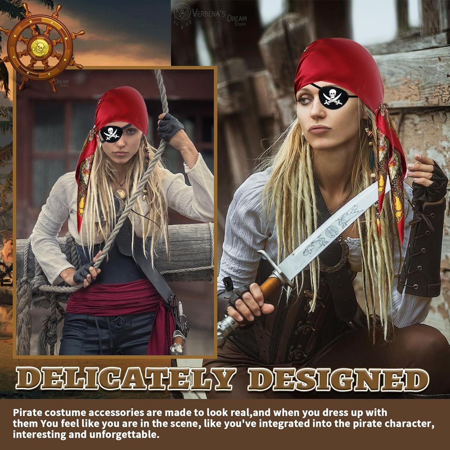 Women&rsquo;S Pirate Costume Accessories Set &ndash; 6Pcs Halloween Pirate Role Play Kit with Red Bandana Sash Belt Eye Patch Gold Earrings Necklace & Bracelet for Cosplay Masquerade Party Stage Performance image number 5