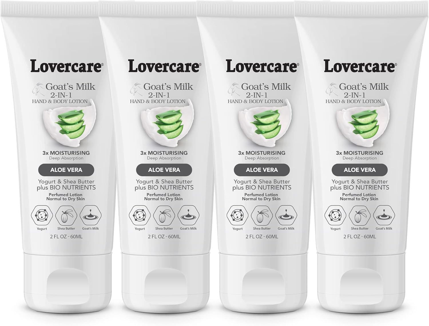 Lovercare 4-PACK Goat Milk 2-IN-1 Hand & Body Lotion for Dry Skin 2 Oz (60 Ml) Aloe Vera- Pack of 4 image number 2