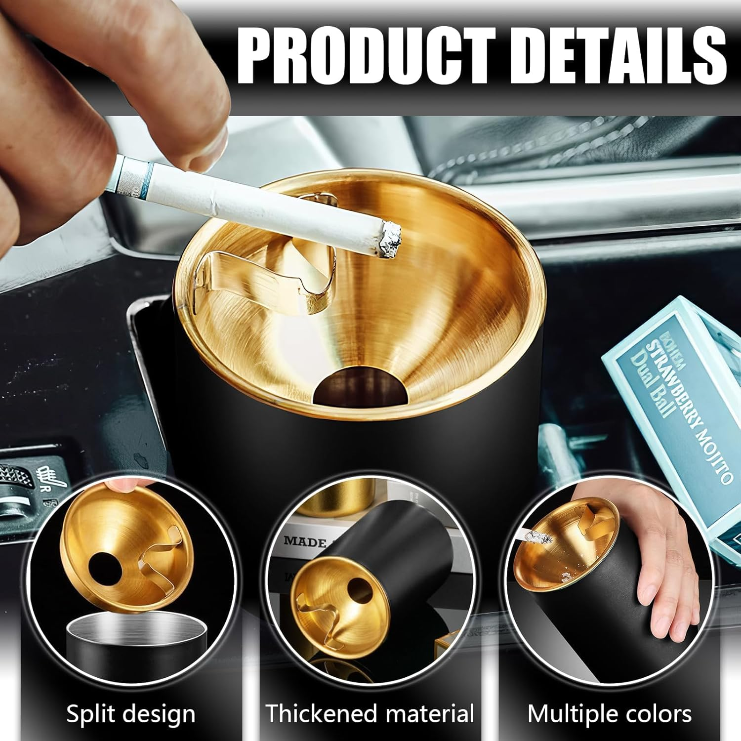Ashtray, Detachable Ashtray, Stainless Steel Car Ashtray for Outdoor, Travel, Home, Office (Black) image number 1