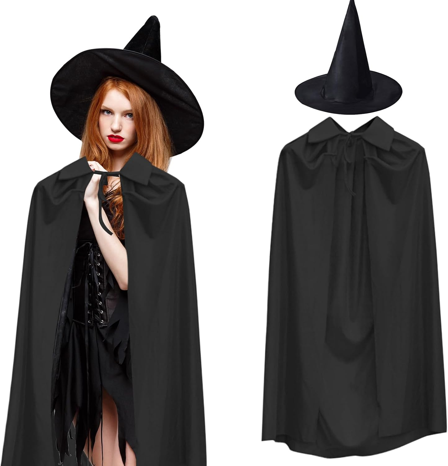 2Pcs Halloween Hooded Cloak Witches Hat Adult, 140Cm Halloween Black Hooded Cape Halloween Witch Hat Grim Reaper Cape Pointed Wizard Hat for Men Women Halloween Witch Vampires Costume Cosplay Party image number 4