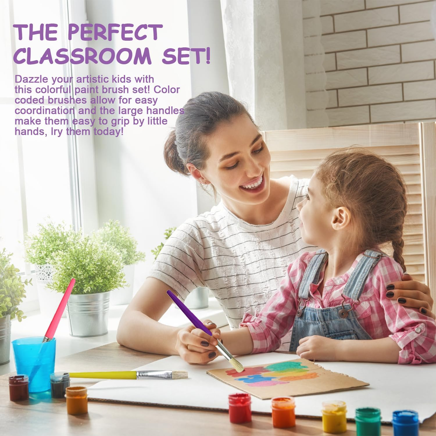 Kids Paint Brushes Set, 16 PCS round and Flat Preschool Brushes for Washable and Acrylic Paint image number 2