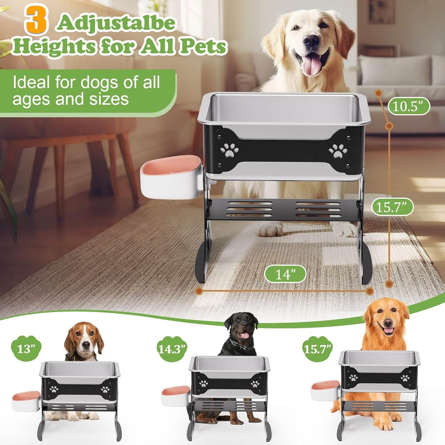 JDCQKHA 10.3L Elevated Large Dog Water Bowl, 3 Height Adjustable Stainless Steel Raised Dog Water Bowl Stand for Large Breed, Metal Pet Bowl Stand for Relief Joint Pressure, Easy Clean (Black)