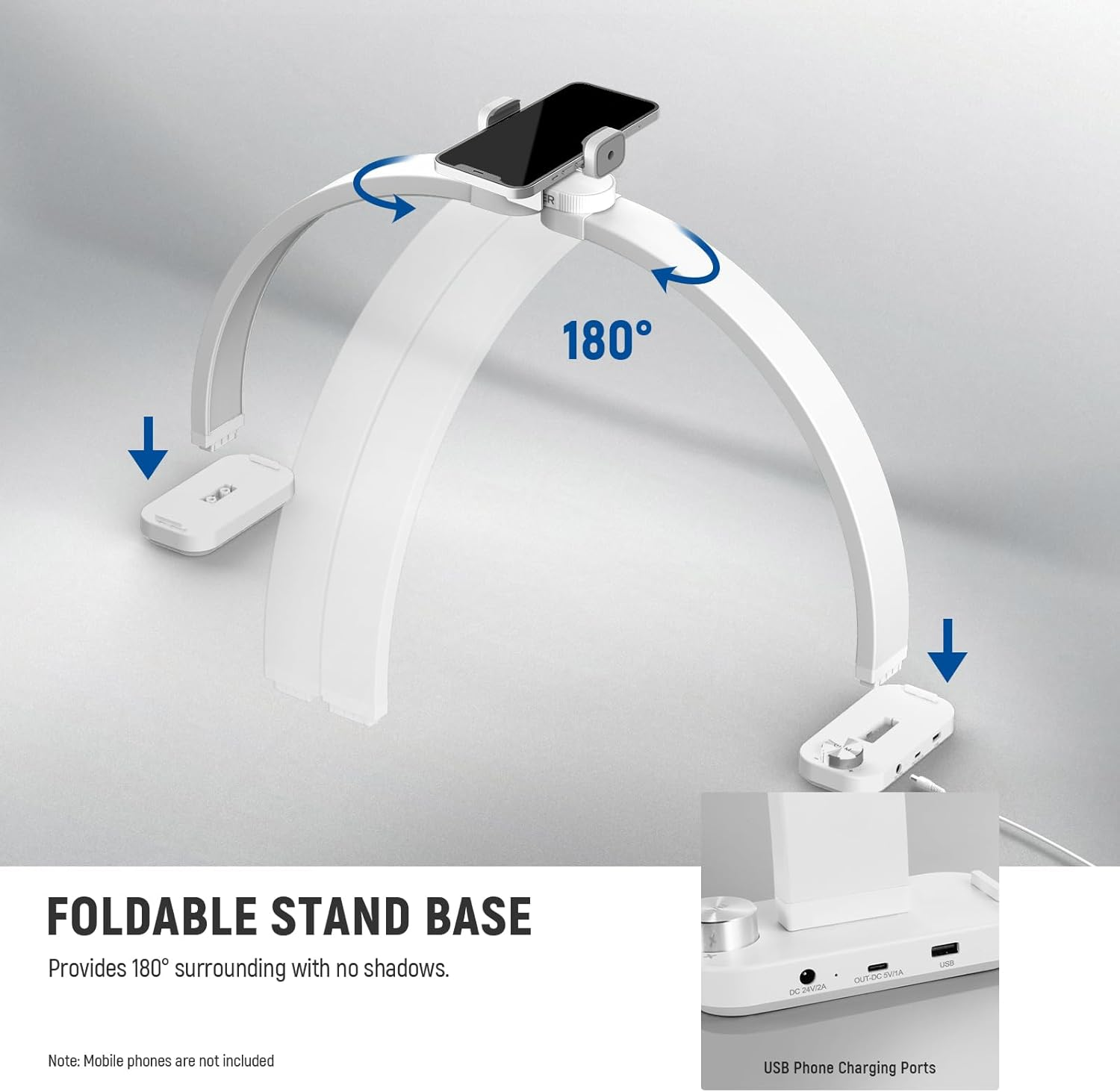 NEEWER BASICS HM01-D 29" Arc Lamp,40W Foldable LED Half Moon Table Nail Tech Light for Desk 3000K-6500K 3400Lux/0.5M CRI95 USB Charging Phone Holder for Manicure Makeup Beauty Tattoo Overhead Shooting image number 5