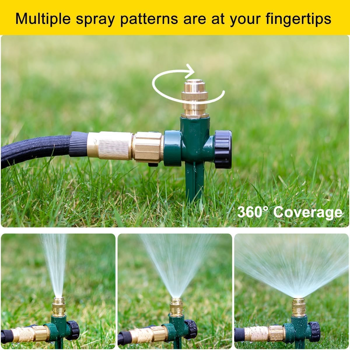 FANHAO 2 Pack Metal Lawn Sprinkler for Yard, Automatic Garden Water Sprinkler on Spike Base, Adjustable Brass Sprinkler Nozzle 360 Degree Large Area Coverage for Lawn Grass Patio Garden Irrigation image number 3