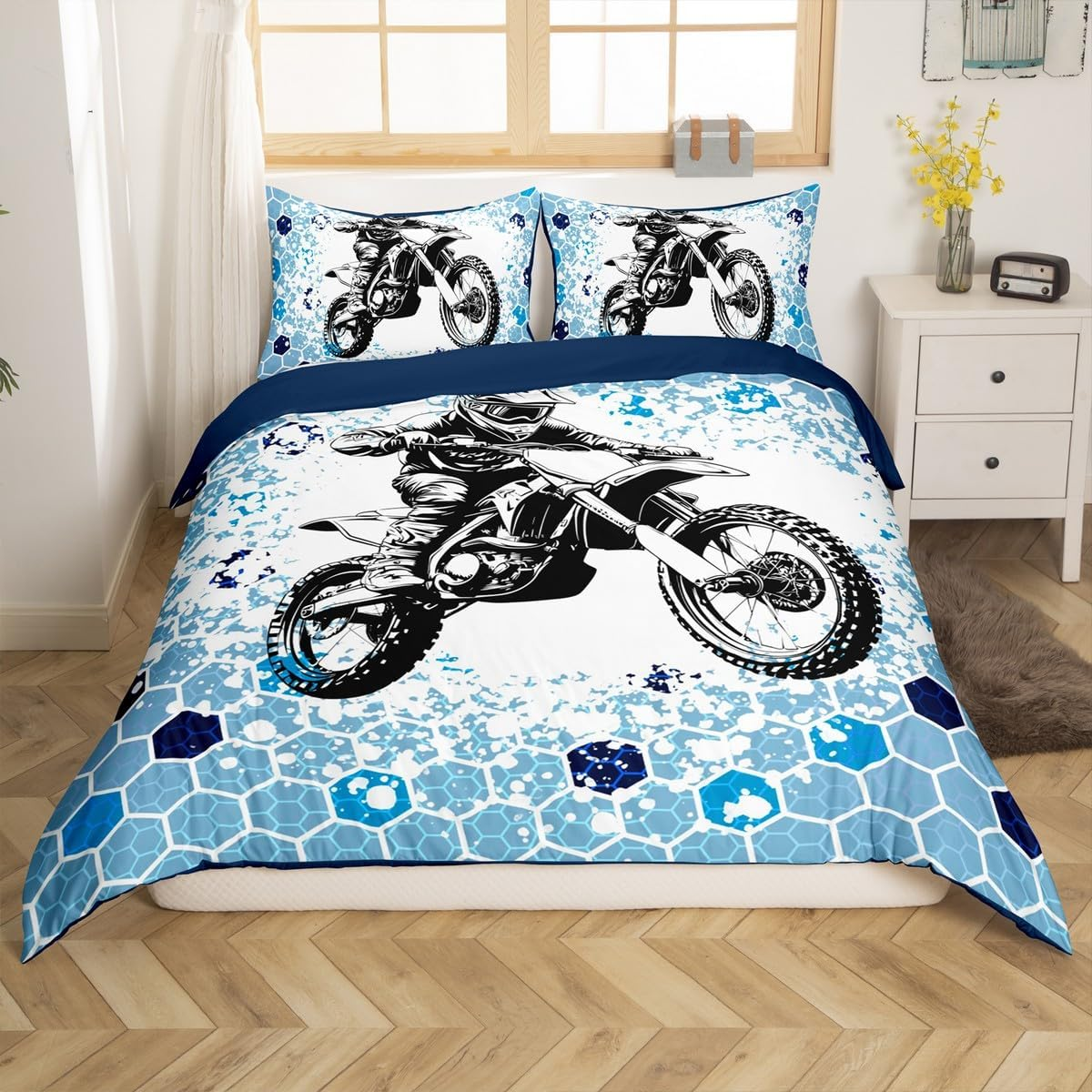 Loussiesd Honeycomb Dirt Bike Bedding Set 135 X 200 Cm for Children Boys Teens Extreme Sports Duvet Cover Racing Motocross Rider Bedding Set image number 3