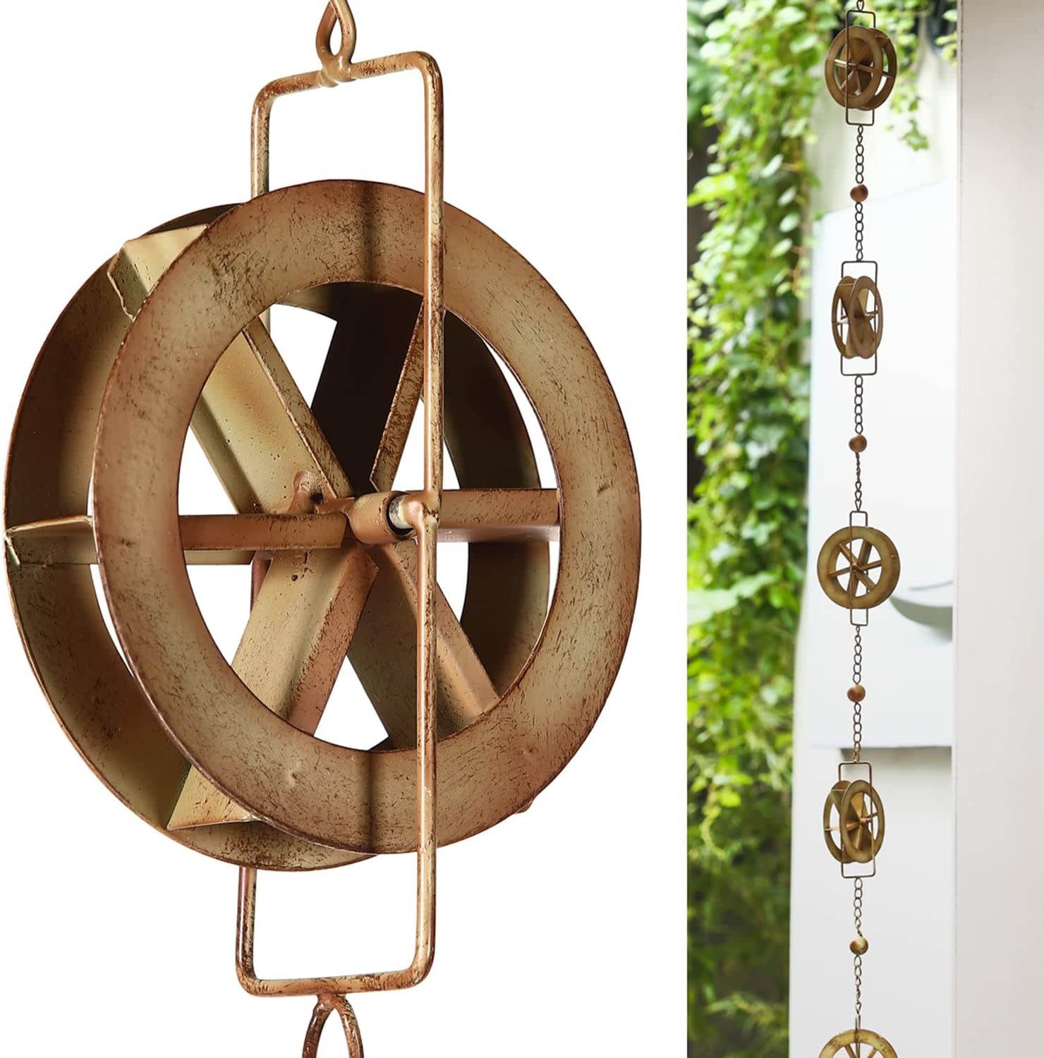 5-7/10-Feet Gutter Rain Chain,Water Wheel Rain Catcher Chain Outdoor Garden Decorative Art image number 3