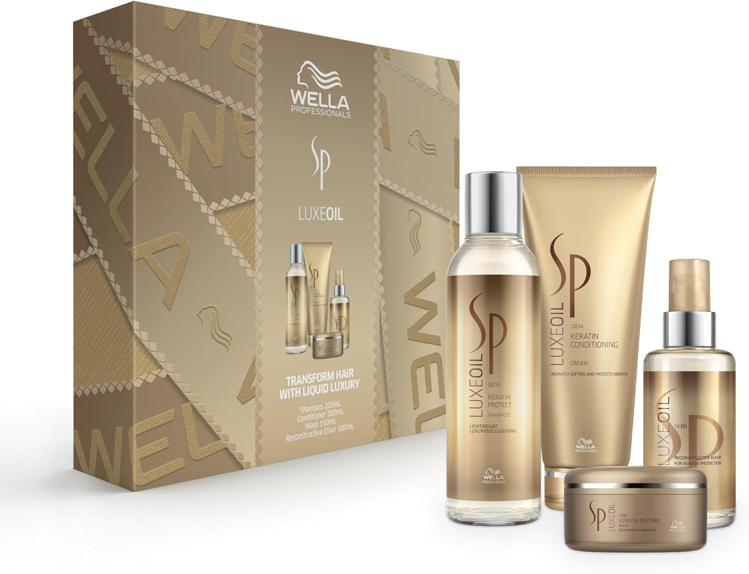 Wella Professionals SP Luxeoil Quad Set - Shampoo 200Ml, Conditioner 200Ml, Elixir 100Ml, Mask 150Ml - Limited Edition