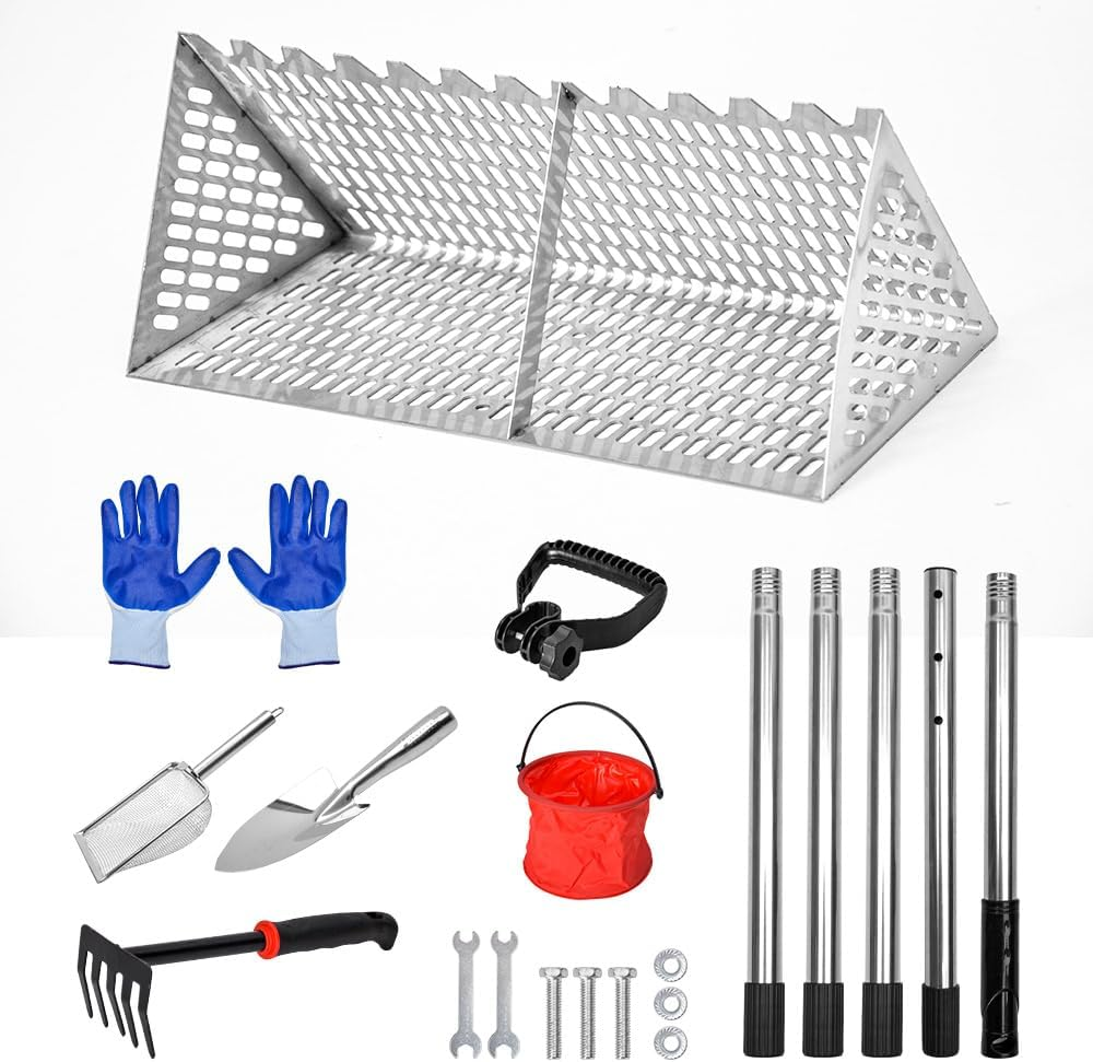 ALSTON Beach Rake Stainless Steel Sand Flea Rake 140Cm Long Detachable Handle and Shark Tooth Wide Sifter for Easy Sand Flea Removal with Bonus Basket and Tools