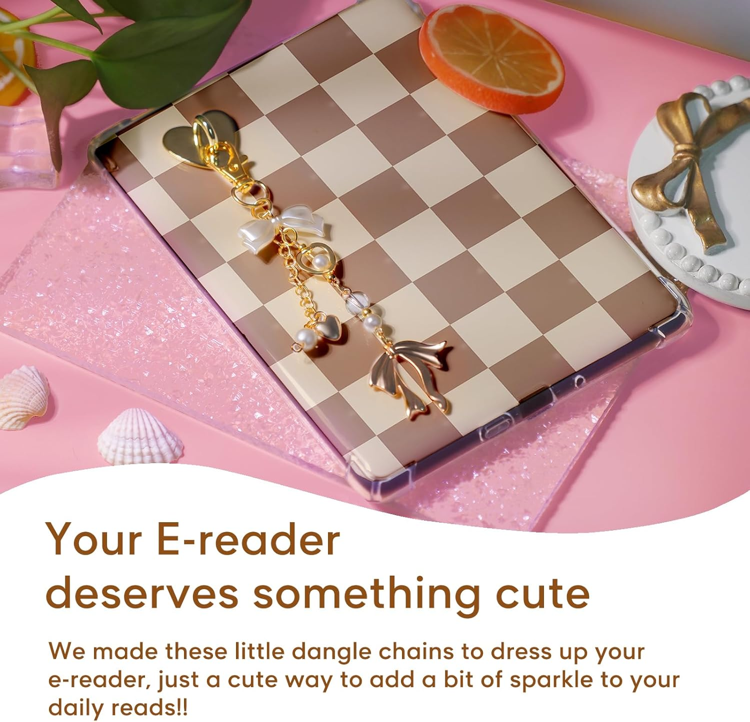 Sunla Charm Chains for Kindle, Cute E-Reader Phone Charm Bracelets Accessories Gift for Reader Booklovers Women for Kindle/Phone/Camera/Bag Decor - Gold Bow image number 3